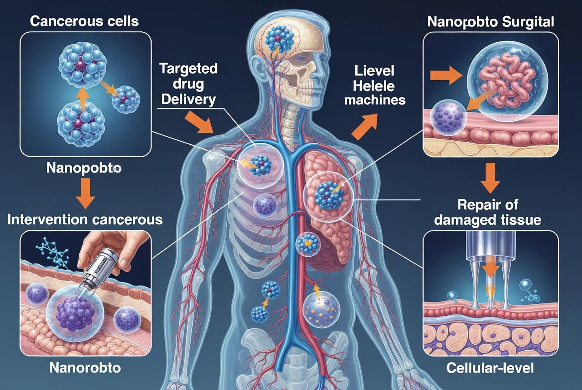 İnsan bedeni üzerinde nano ölçekli tıbbi müdahaleleri gösteren bilimsel illüstrasyon