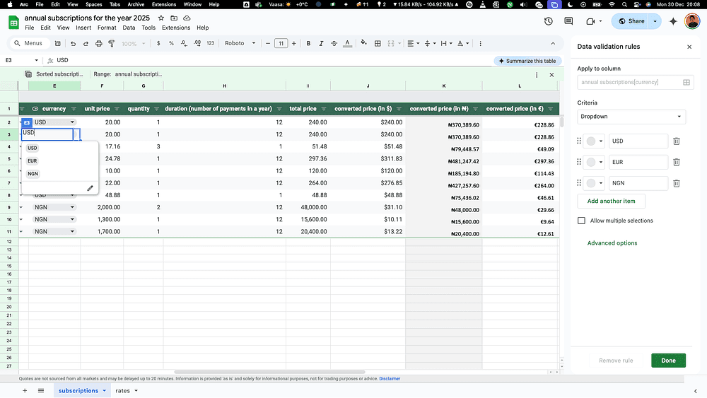 currency dropdown