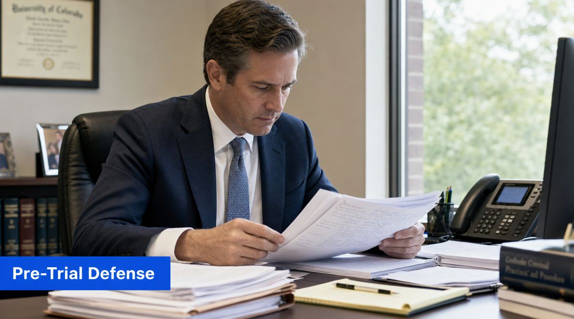 A professional male lawyer in a suit reviewing legal documents at his desk in an office.