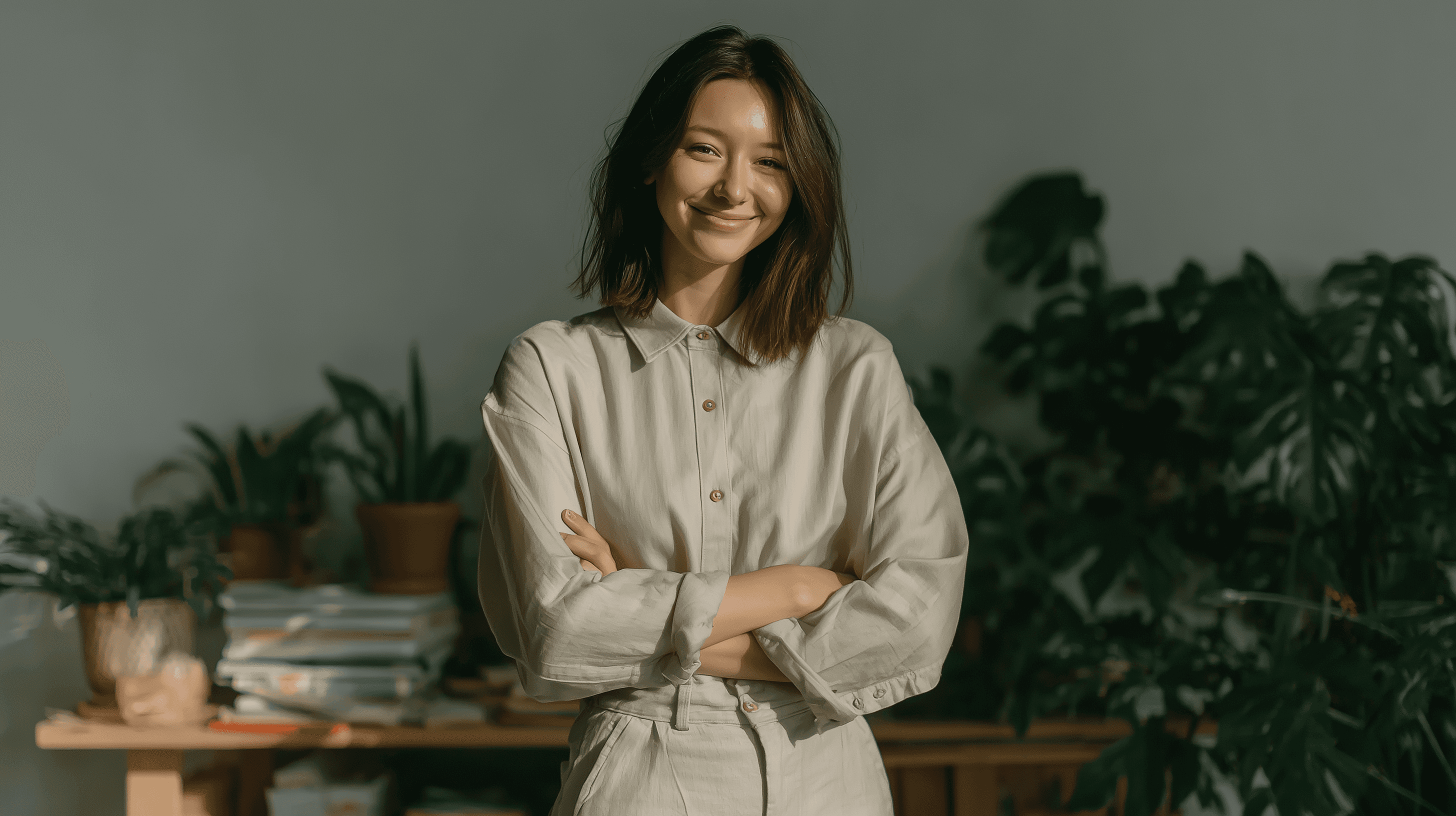 Woman standing indoors with folded arms, smiling confidently surrounded by green plants.