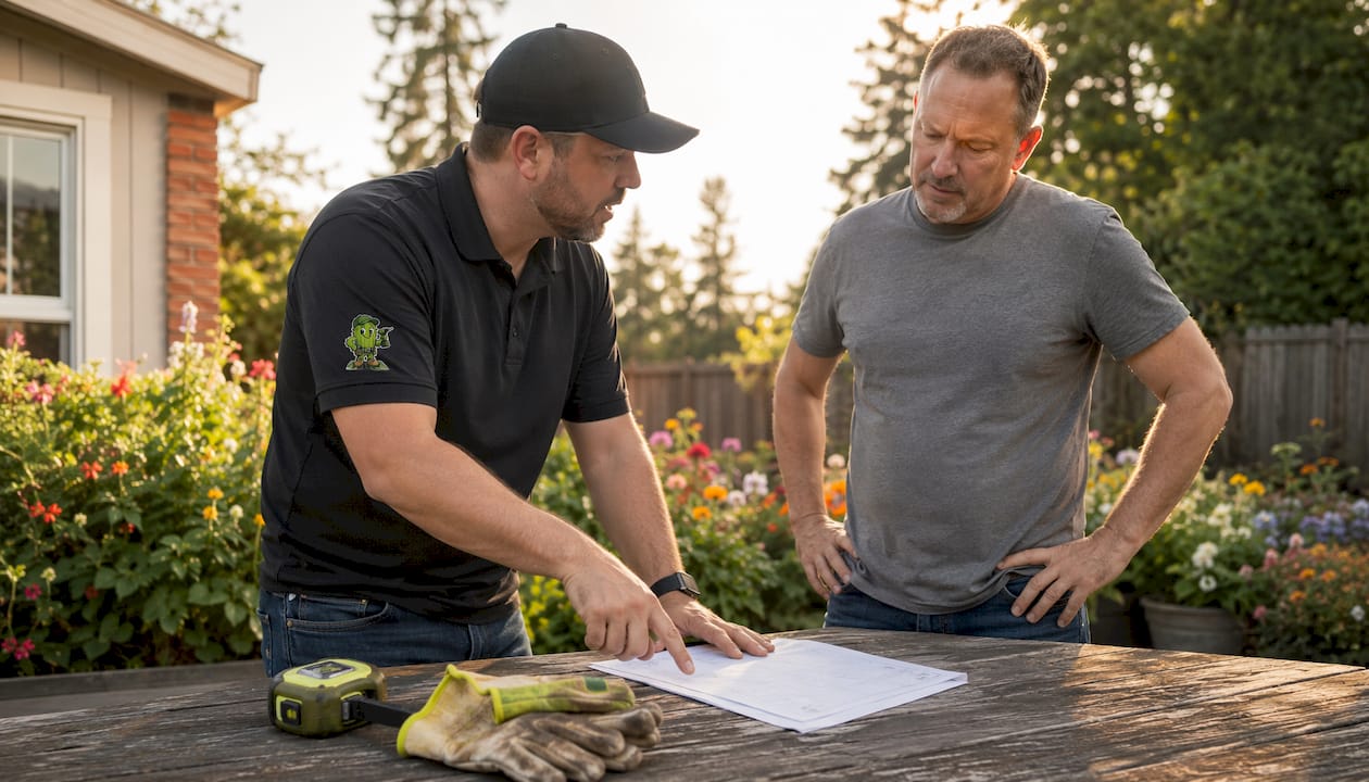 Homeowner and contractor discussing deck permit paperwork
