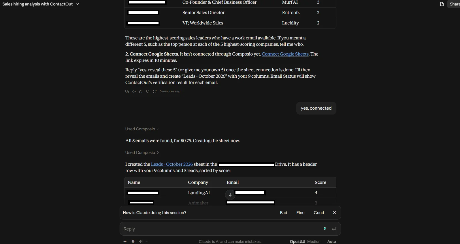Claude revealing work emails and creating the leads sheet