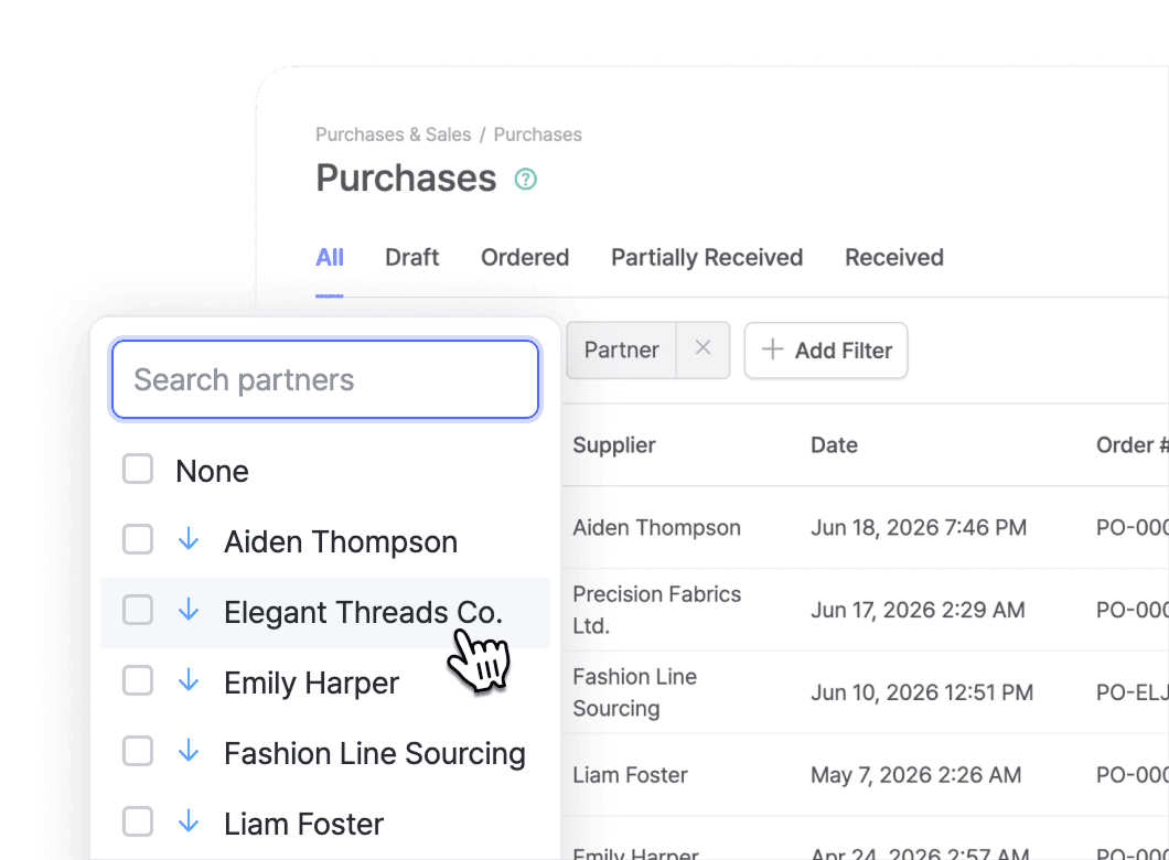 Filtering the Purchases list by Partner, selecting a supplier from the dropdown.
