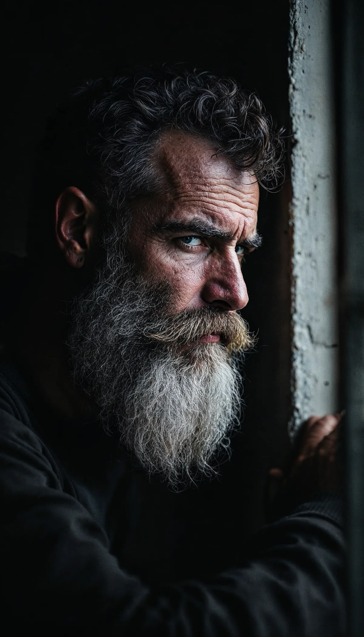 A bearded man looking out of a window