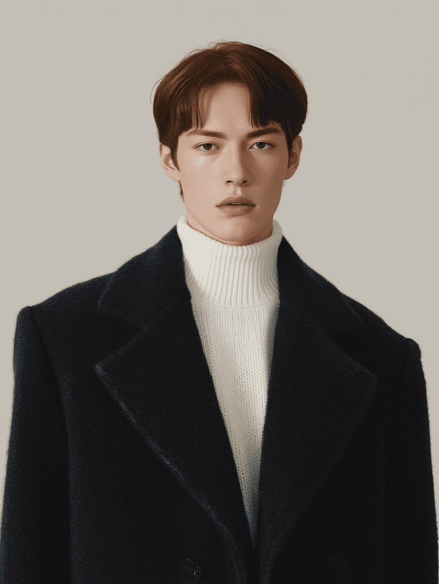 Young adult wearing a navy coat and white turtleneck, looking directly with a neutral expression. The background is plain and light-colored.