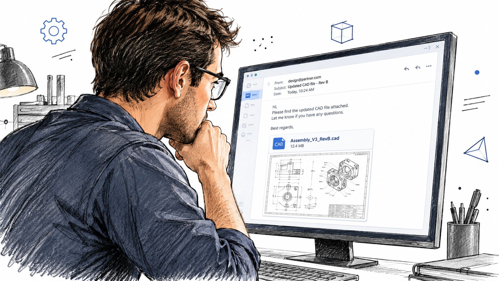 A professional engineer reviewing a technical CAD file on a computer screen in a modern workspace.