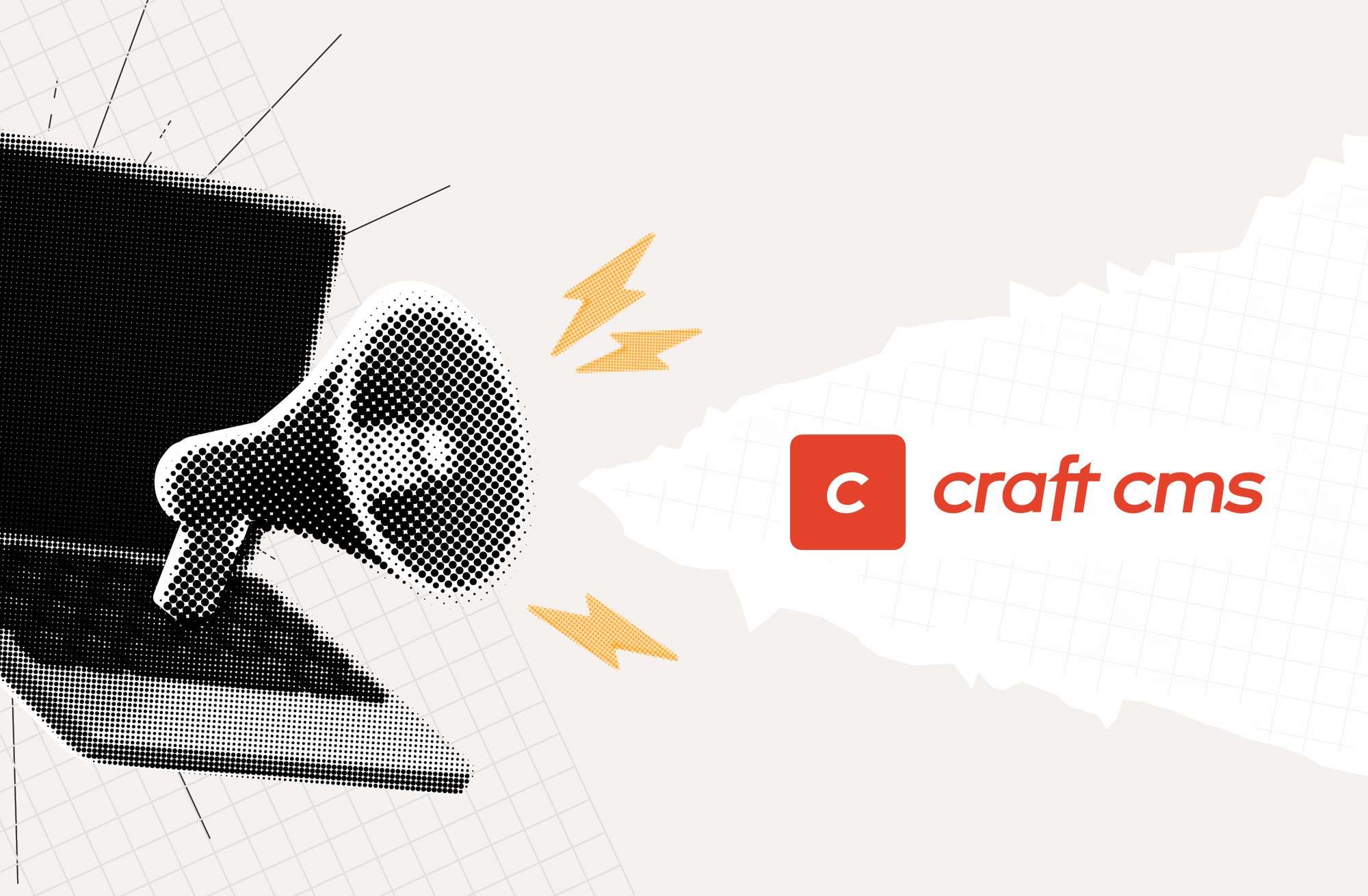 Stylized hand with halftone dot pattern effect reaching towards the Craft CMS logo, with orange lightning bolt icons between them, set against a light background with geometric line elements