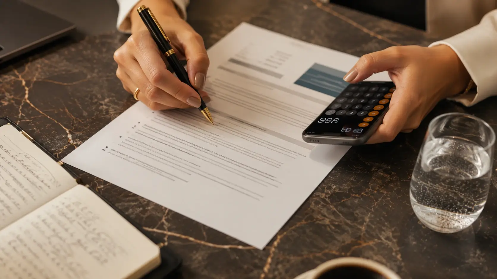 Empresária avalia proposta de orçamento de agência de implantação de CRM com caneta e calculadora