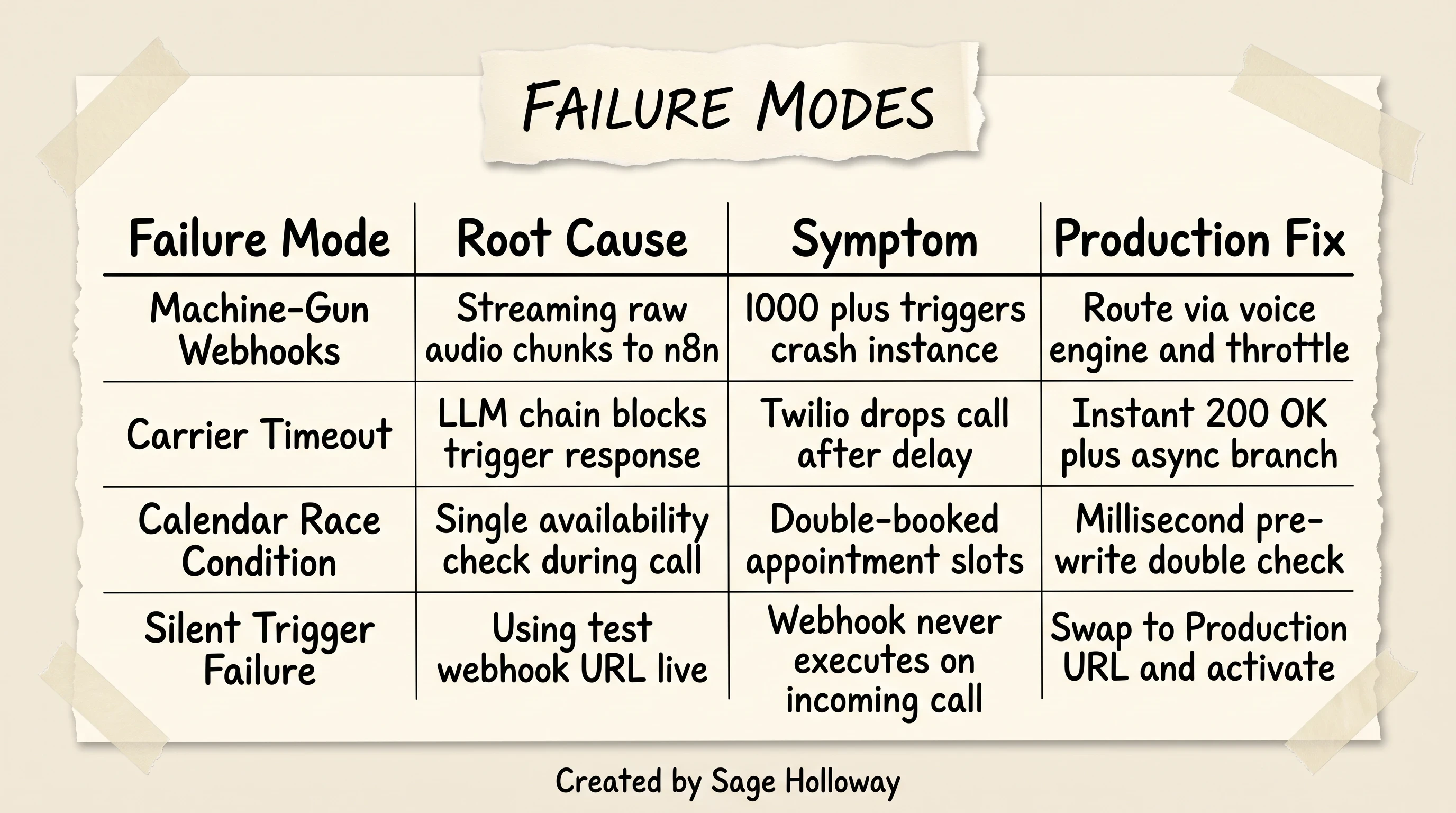 Table of n8n AI voice agent production failure modes, root causes, symptoms, and verified fixes