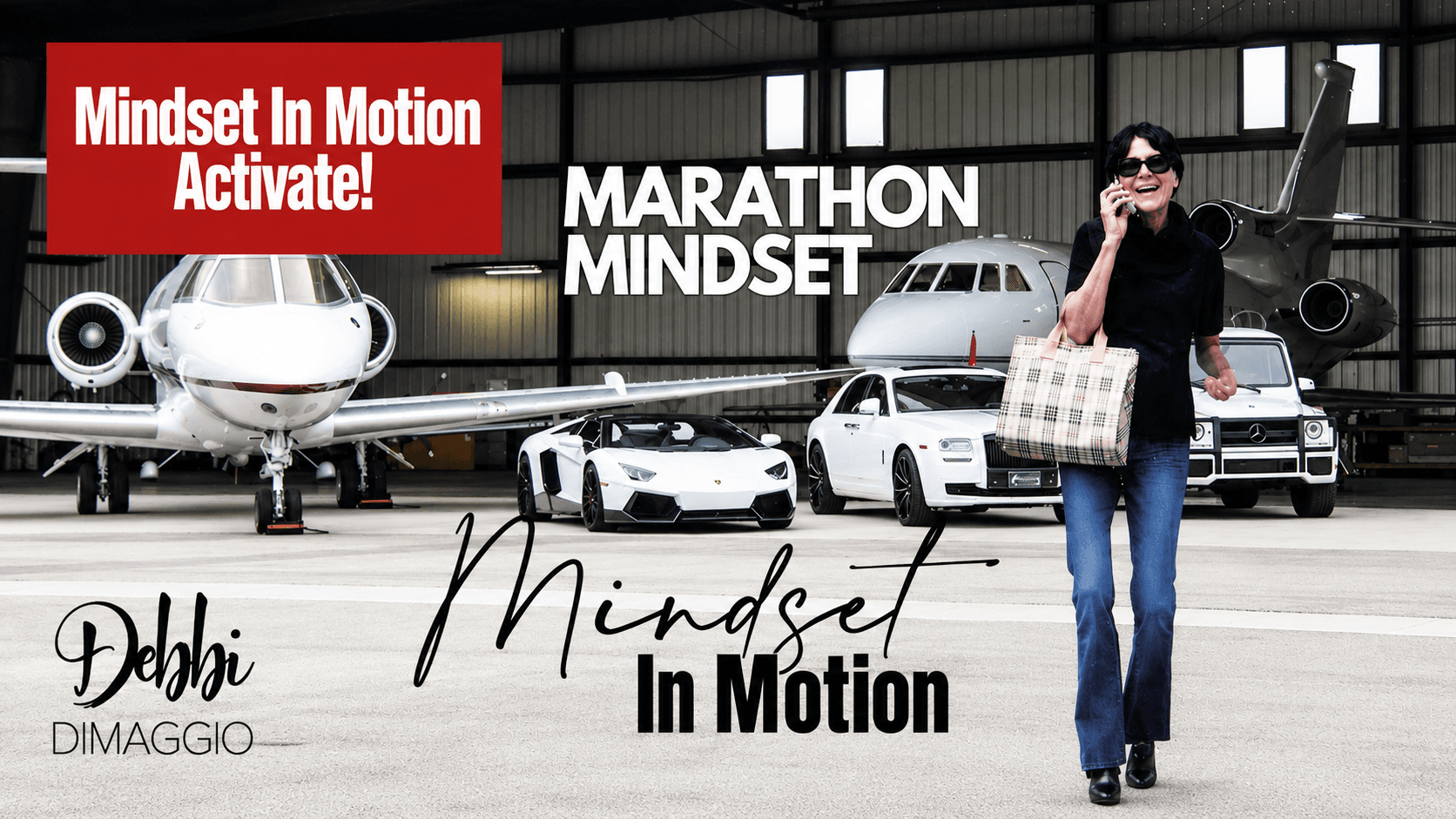Debbi DiMaggio stands in an aircraft hangar beside luxury cars and planes for her Mindset In Motion campaign.