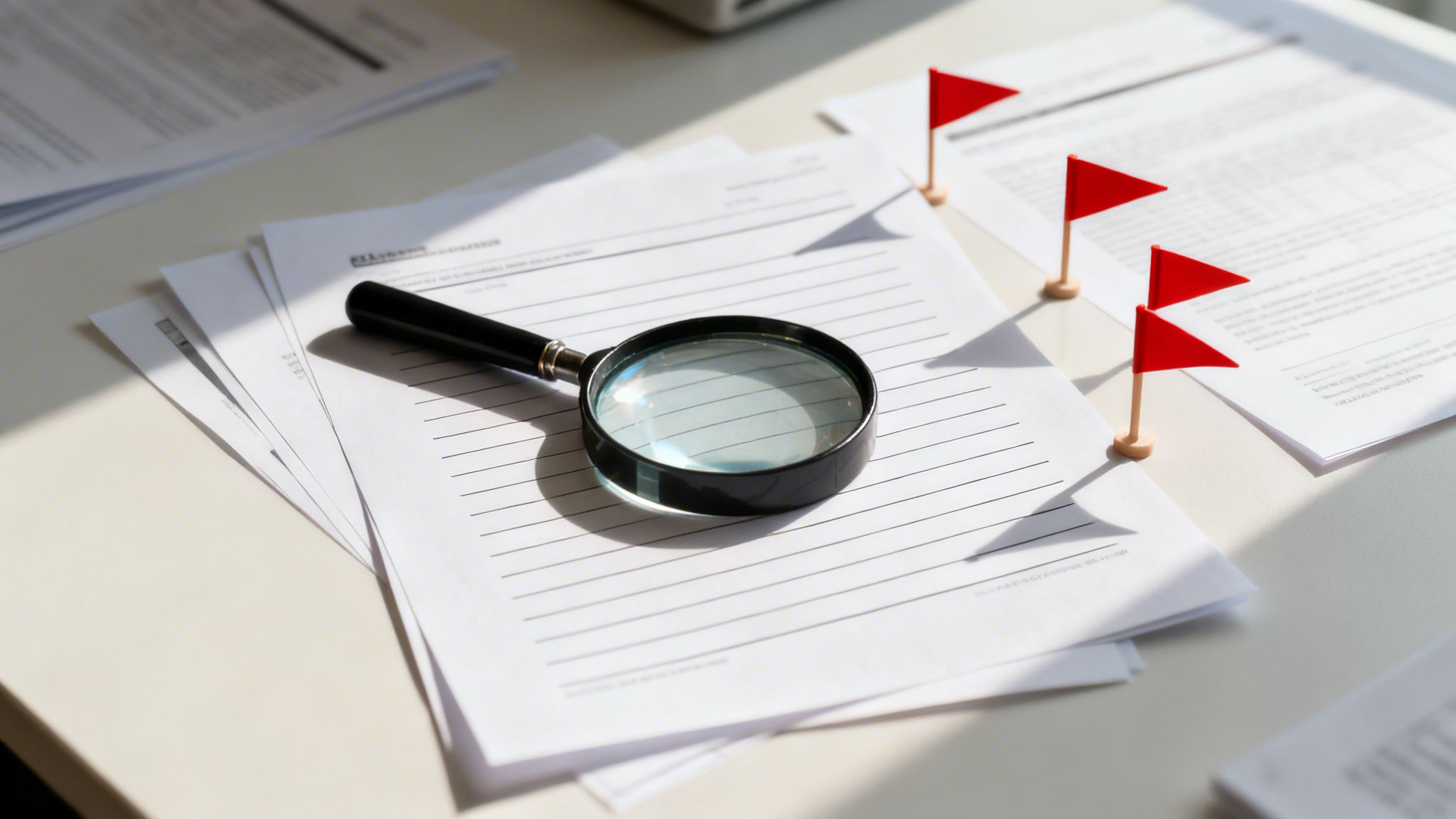Ett förstoringsglas ligger på papper med linjer, omgivet av röda flaggor som markerar viktiga dokument.