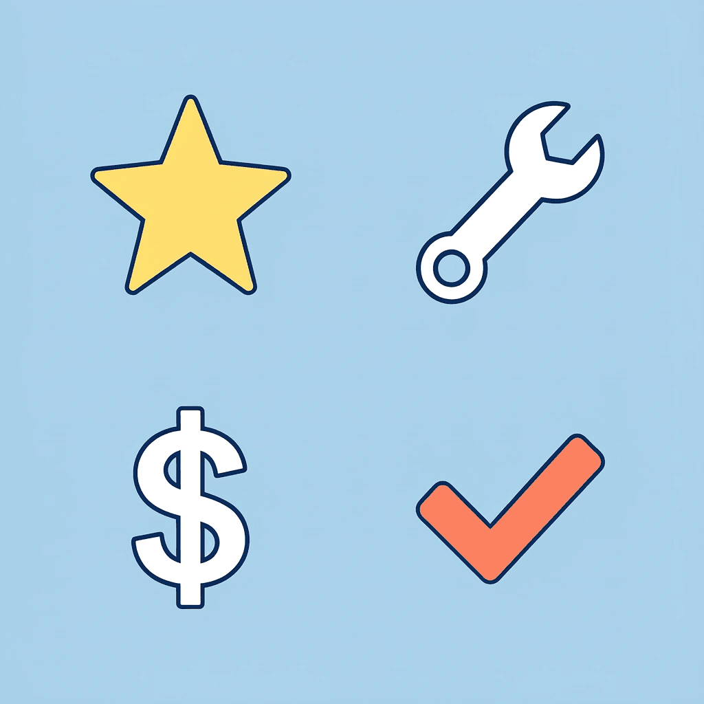 Four-icon grid highlighting speed, quality, cost savings, and tool variety