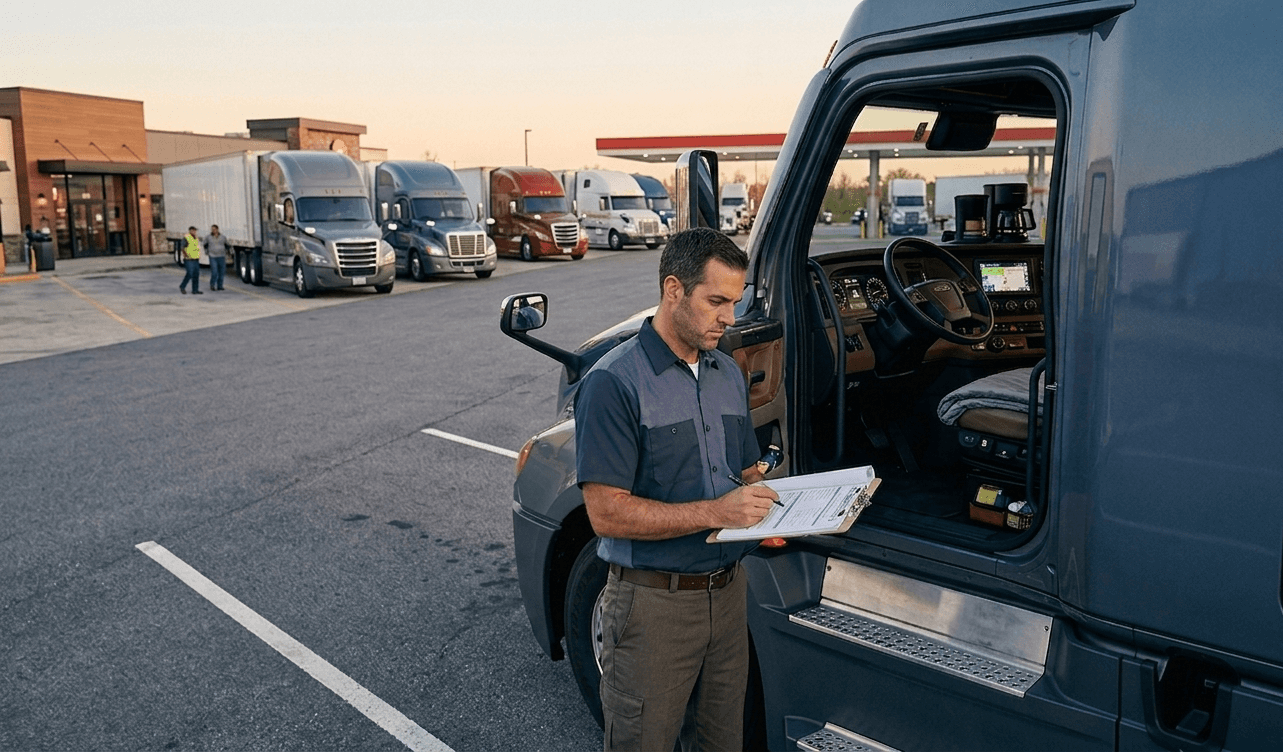 Owner operator reviewing trucking paperwork beside a semi truck at a truck stop as brokers increase carrier vetting and compliance standards after the Montgomery ruling.