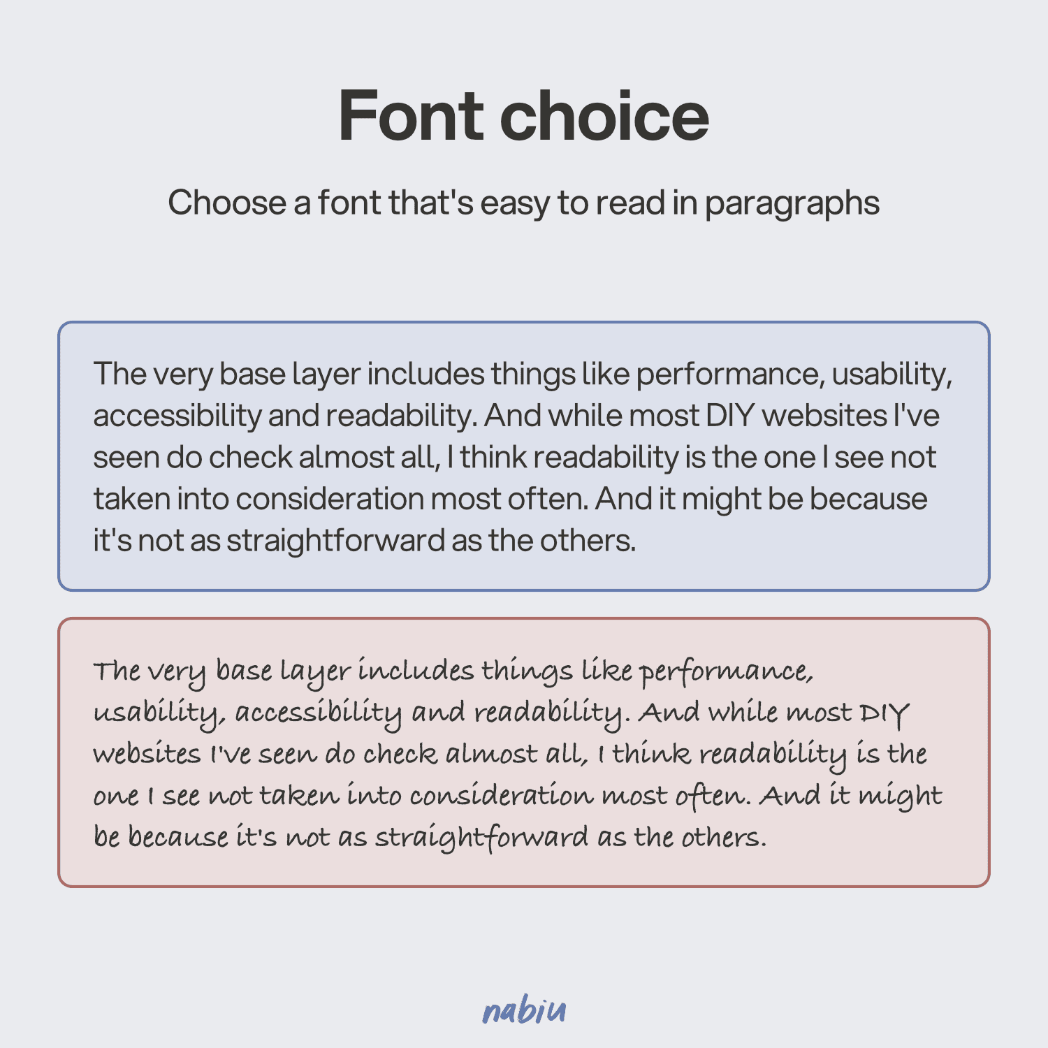 Font choice. Choose a font that's easy to read in paragraphs
