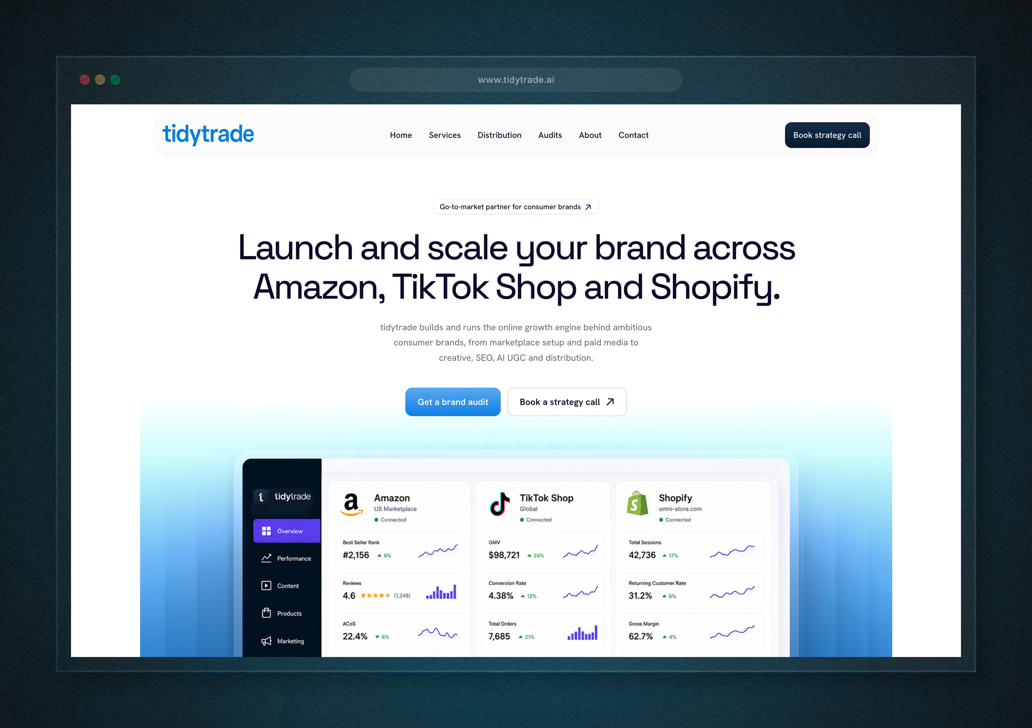 tidytrade homepage showing a new website for scaling consumer brands across Amazon, TikTok Shop and Shopify
