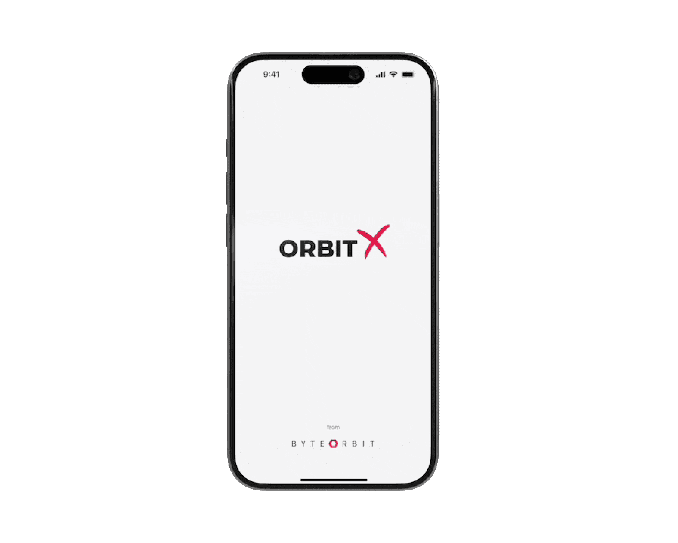 A smartphone displaying a simple logo or app interface with the text "OrbitX" in the center.