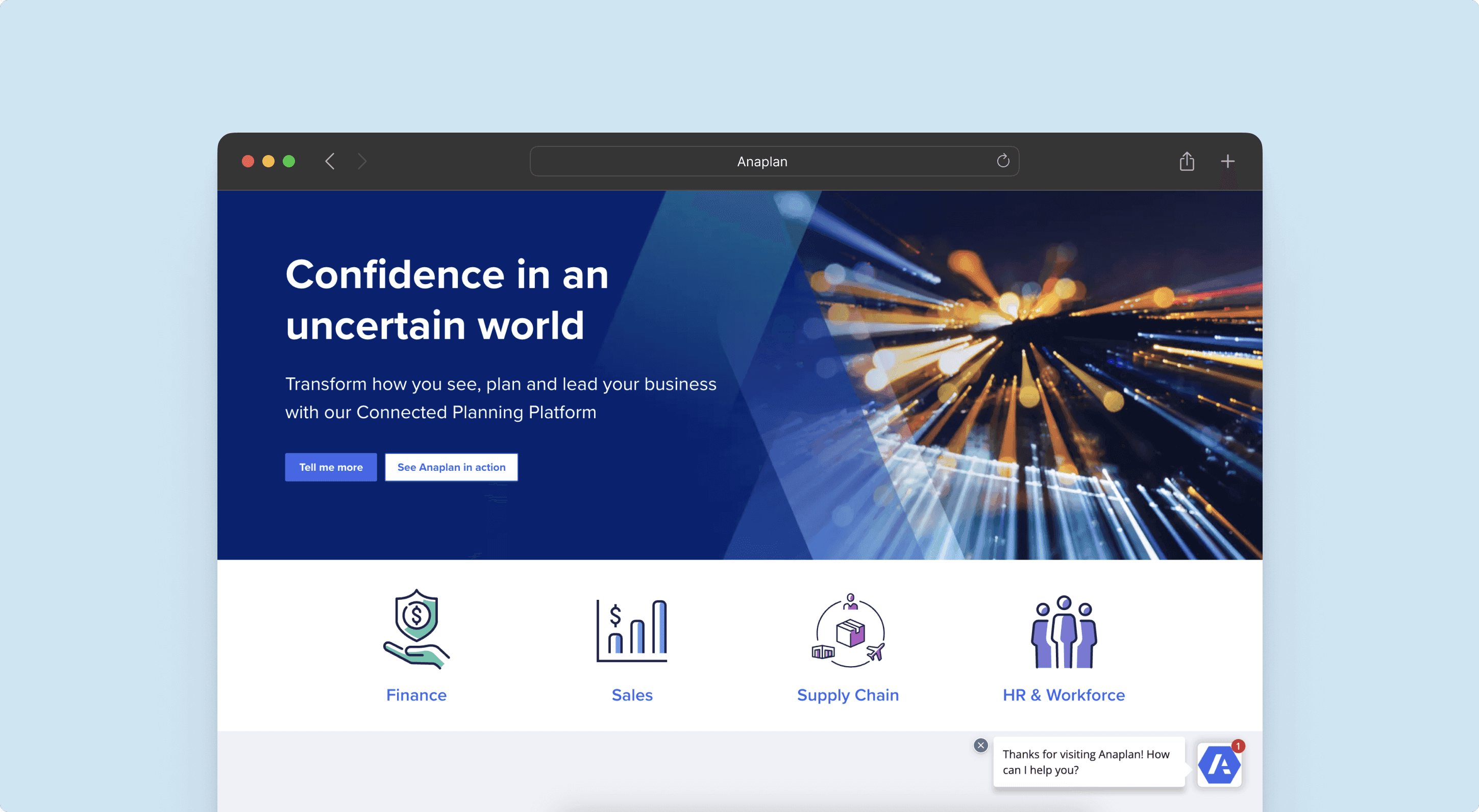 Browser window displaying Anaplan's homepage advertising their FP&A software