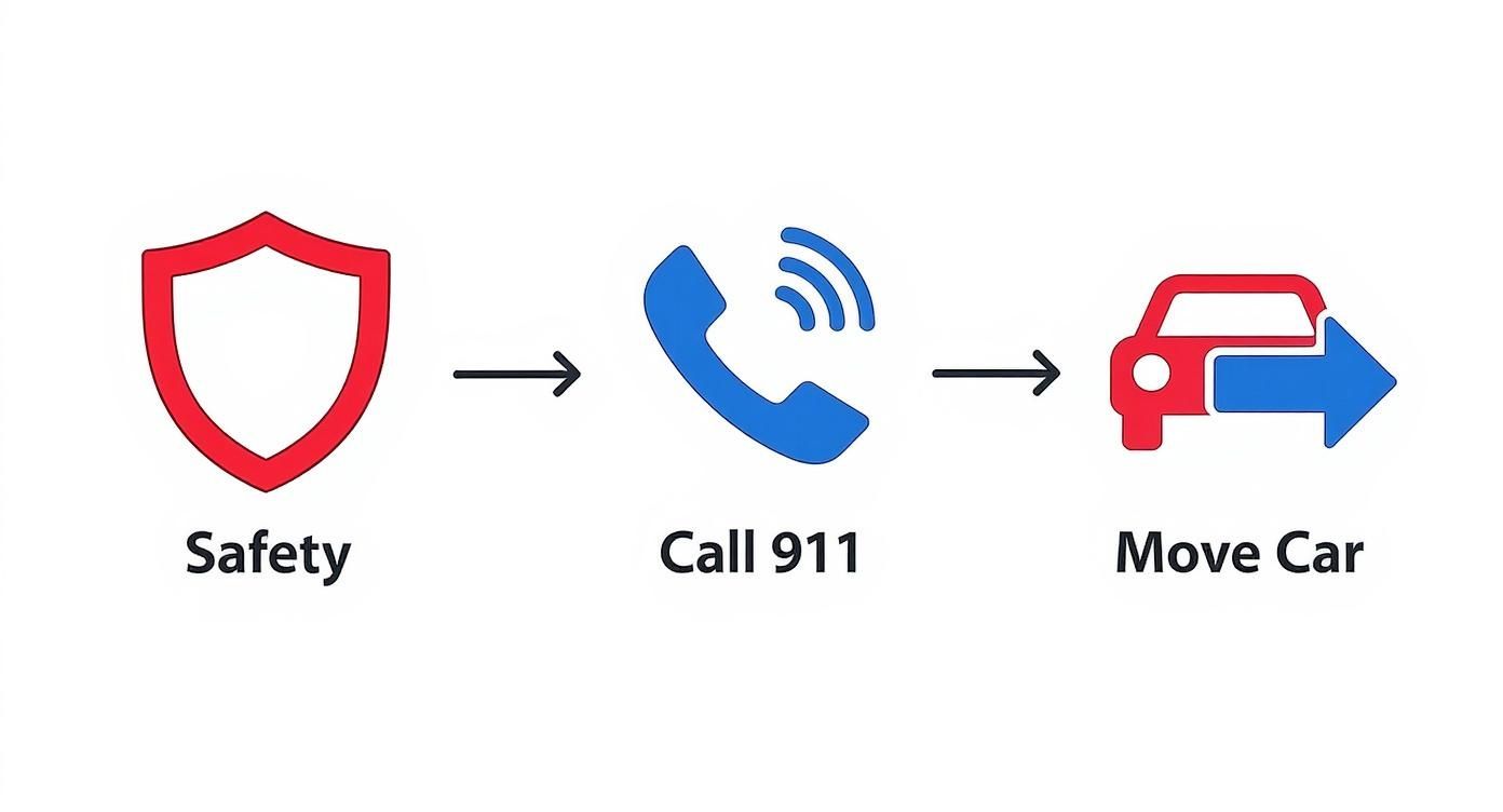 Flowchart illustrating the sequence of actions after a car accident: ensure safety, call 911, then move the car.