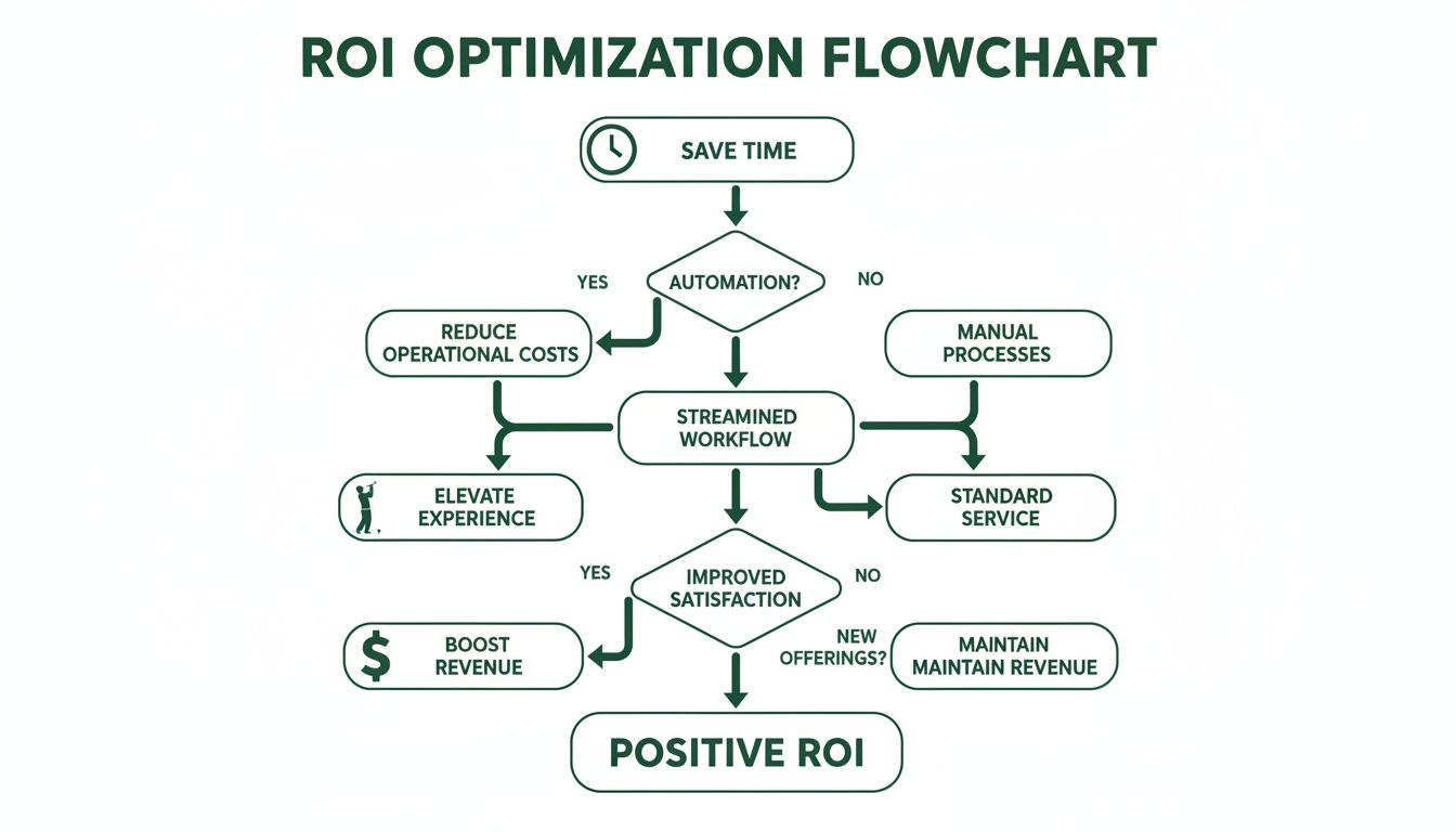 Flowchart illustrating ROI optimization steps, from saving time and automation to improved satisfaction and positive returns.