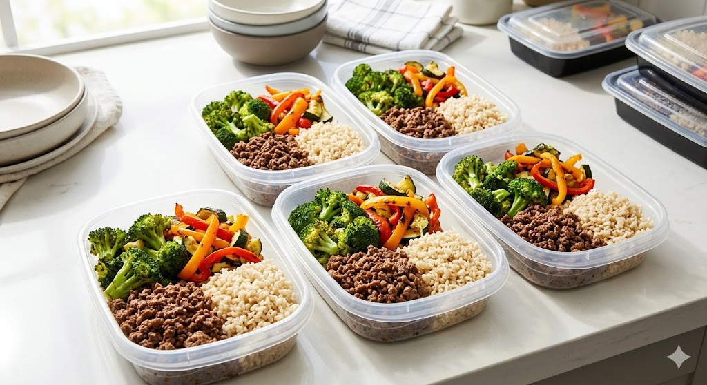Four clear meal prep containers on a white kitchen counter, filled with portions of extra-lean ground beef, roasted broccoli and colorful bell peppers, and brown rice, presented in bright natural lighting for a weight-loss meal aesthetic.