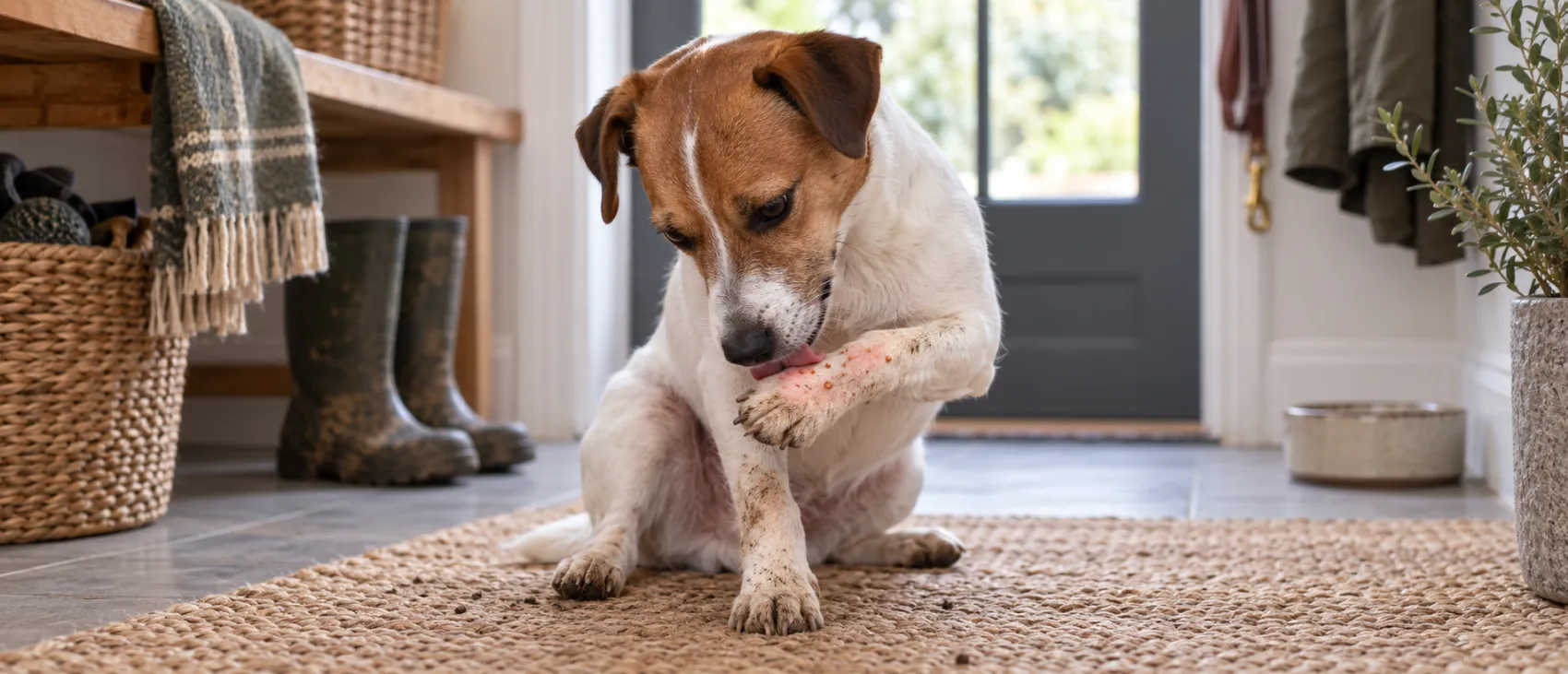 A Jack Russell Terrier sitting indoors, licking its paw.