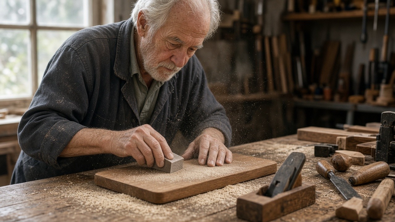 The image shows an elderly man focused on a woodworking task in a workshop. He is sanding a flat wooden board with a sanding block, with sawdust visible in the air and on the work surface. Various woodworking tools, including chisels and a plane, are arranged on the wooden workbench. The workshop environment appears well-equipped with woodworking materials and an organized tool setup, indicating a space dedicated to crafts and hobbies. This image illustrates an example of cognitive and physical engagement through woodworking for seniors.
