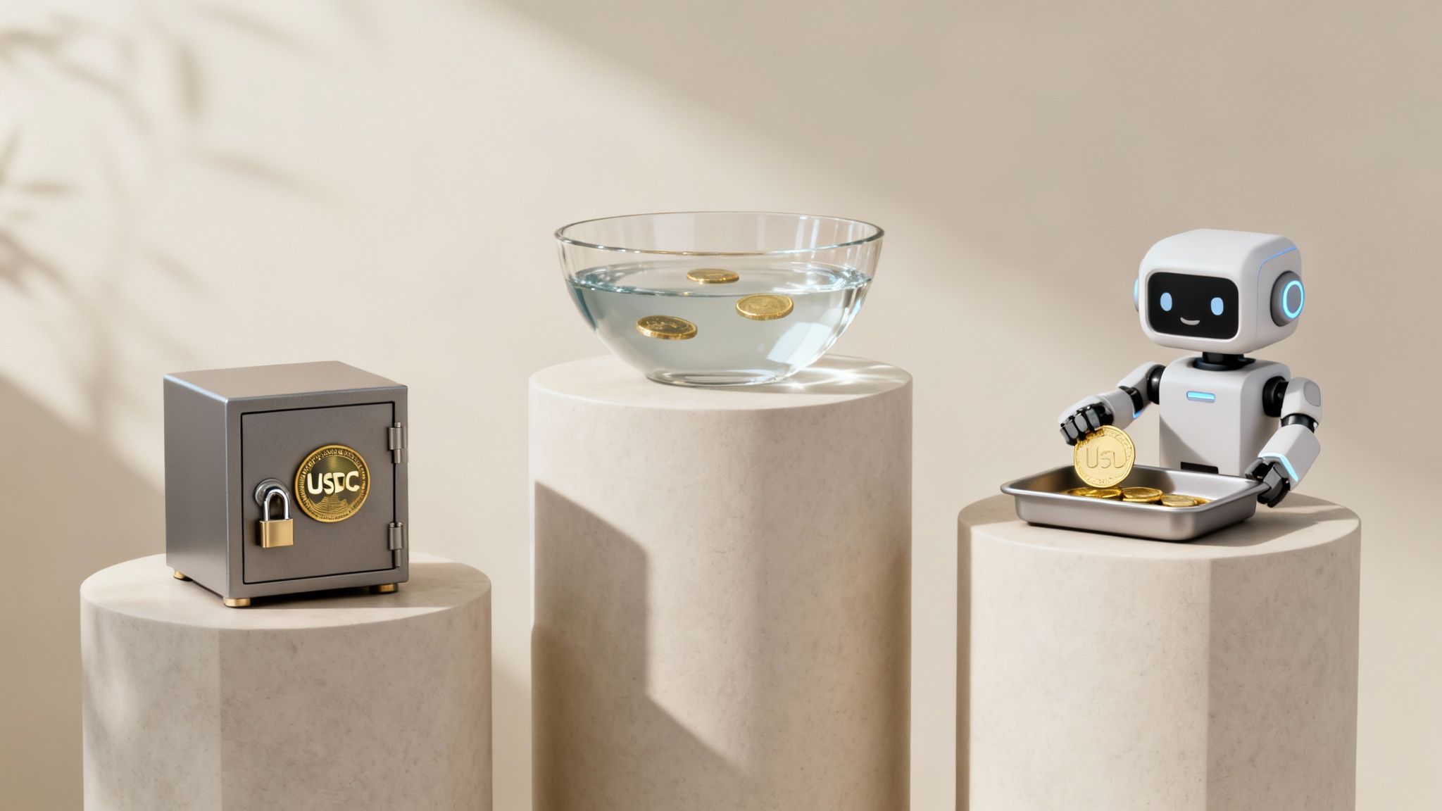 Three pedestals display USDC coins: in a secure safe, floating in water, and held by a robot.