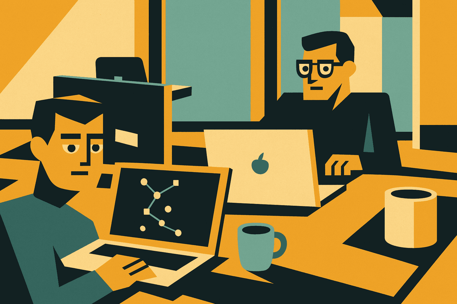 una persona al lavoro alla scrivania con diversi dispositivi - un laptop, un monitor desktop e quello che sembra essere un tablet o uno schermo secondario. 