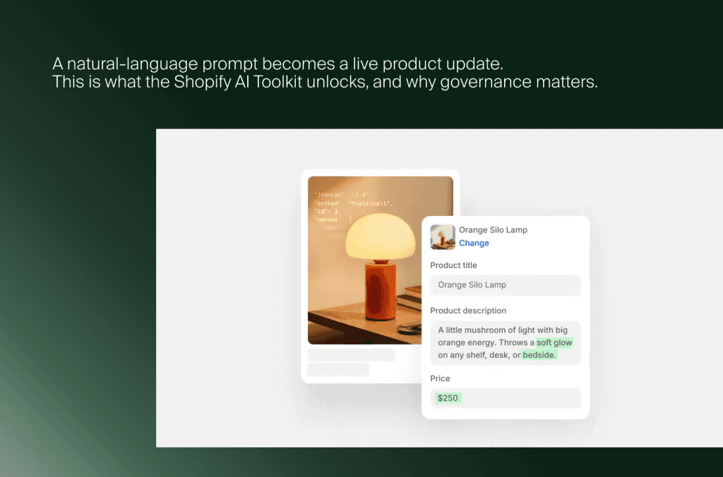 Shopify AI Toolkit turning a natural-language prompt into an updated product title, description and price for a lamp