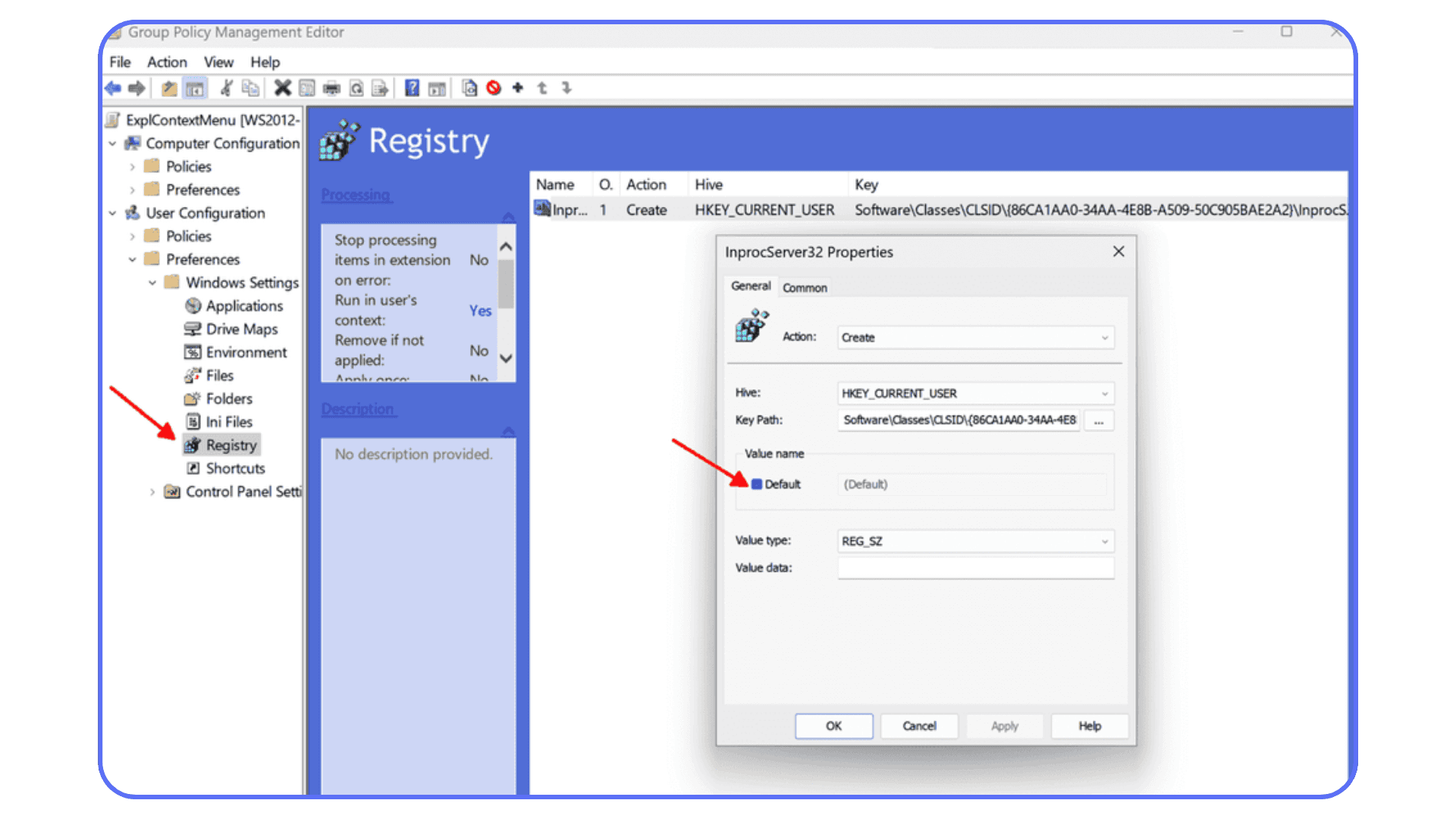 Windows Registry Editor displaying configuration settings and policy entries highlighted.