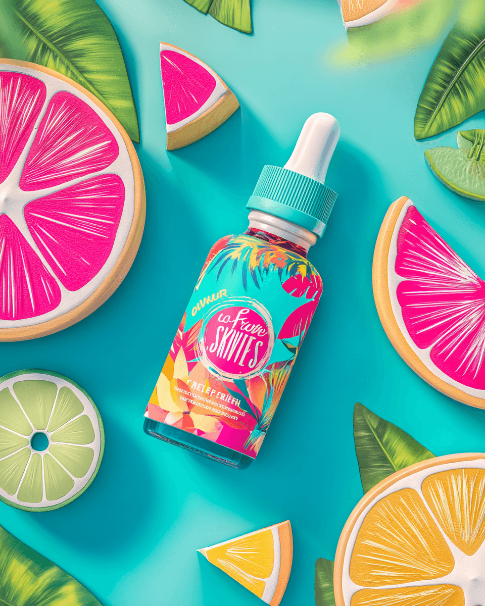 Brightly colored bottle on a turquoise background, surrounded by vibrant citrus fruit slices and tropical leaves.