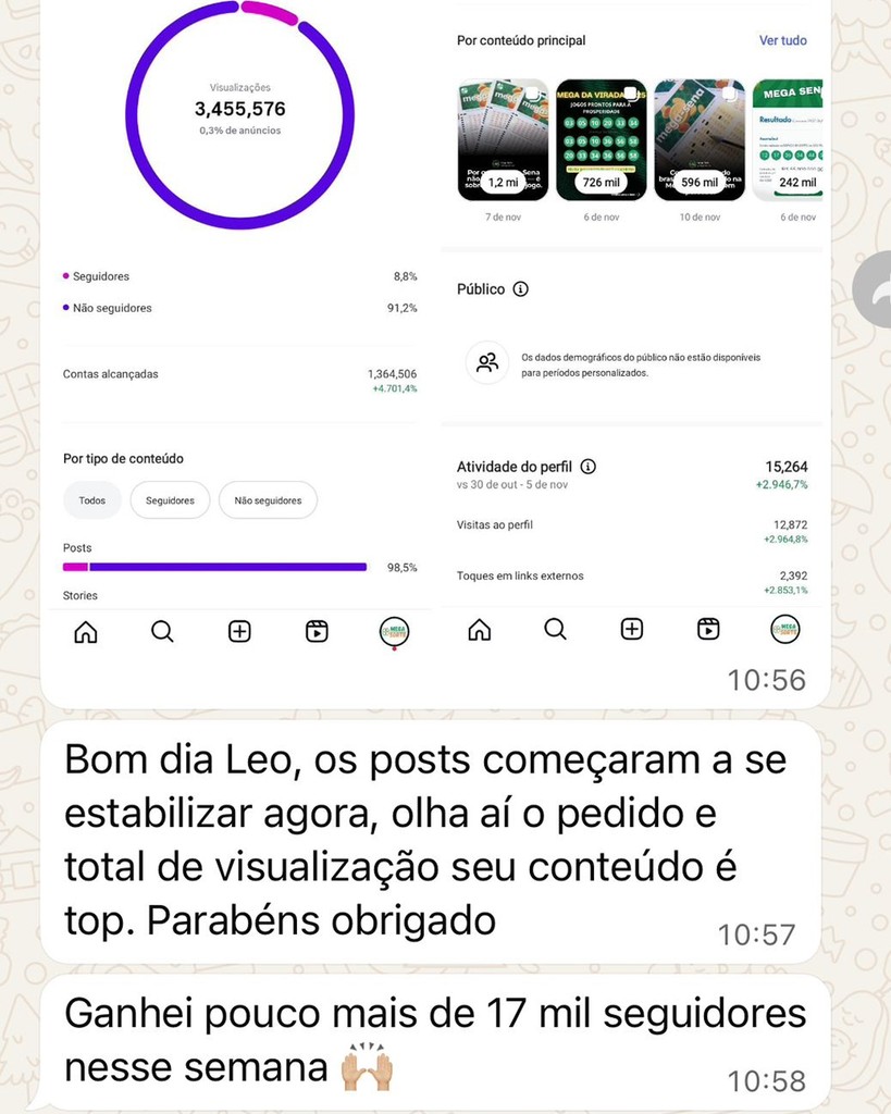 Print de insights do Instagram mostrando um Reels com 3.455.576 visualizações, seguido de mensagens no WhatsApp/DM: “Bom dia Leo, os posts começaram a se estabilizar agora, olha aí o pedido e total de visualização seu conteúdo é top. Parabéns obrigado. Ganhei pouco mais de 17 mil seguidores nessa semana 🙌🏽”.