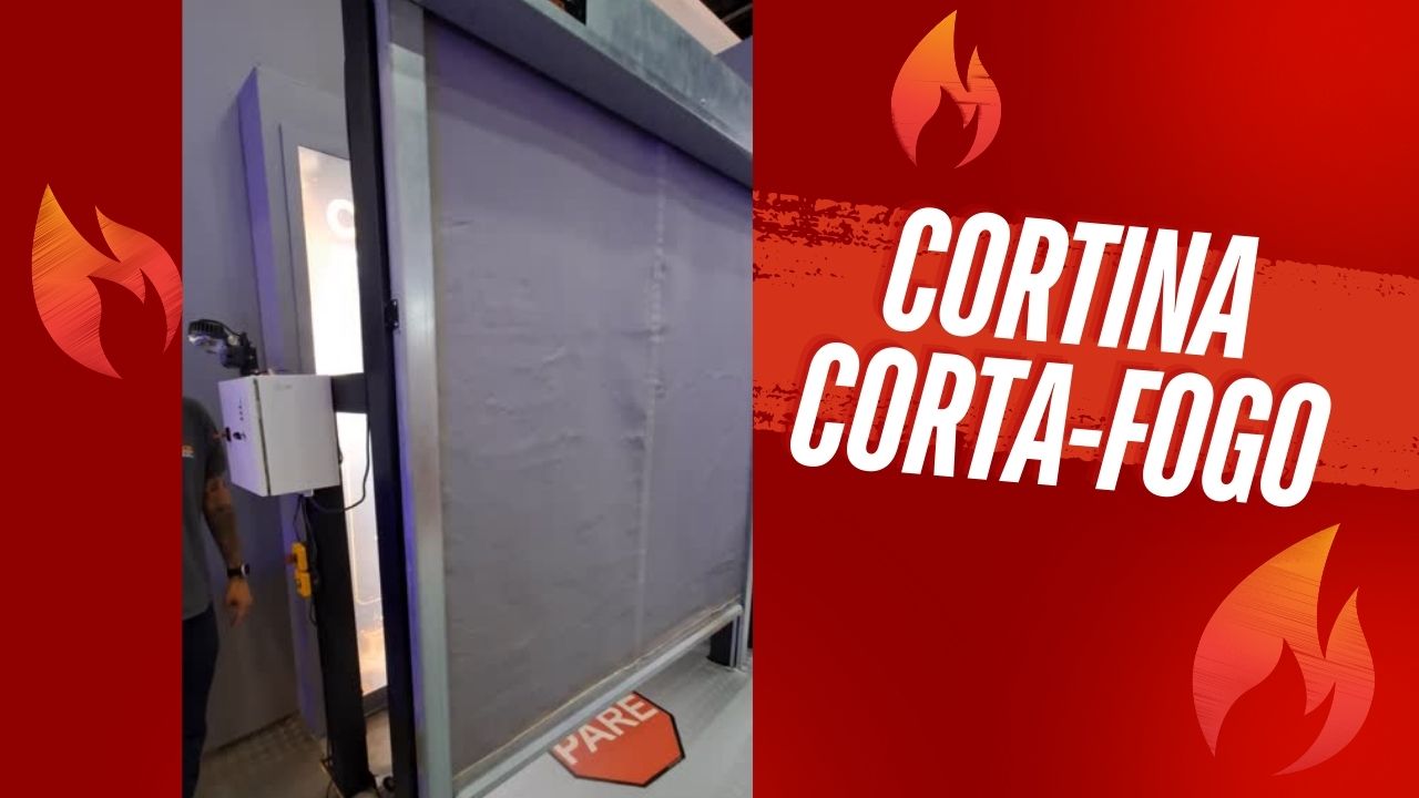 Fundo vermelho com imagem de cortina corta-fogo e ícones de fogo