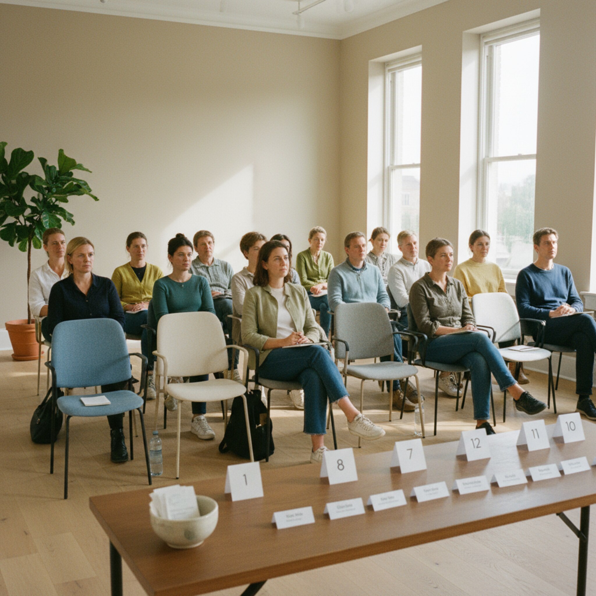 Reihen sauber aufgestellter Stühle sind fast vollständig belegt, vorne liegen nummerierte Platzkarten. Eine kleine Schale mit Quittungsbelegen und dezente Namensbänder am Rand deuten auf geregelte Teilnahme hin. Der Raum wirkt vorbereitet, verlässlich und ruhig. Nichts stört den Ablauf, alle erscheinen pünktlich.