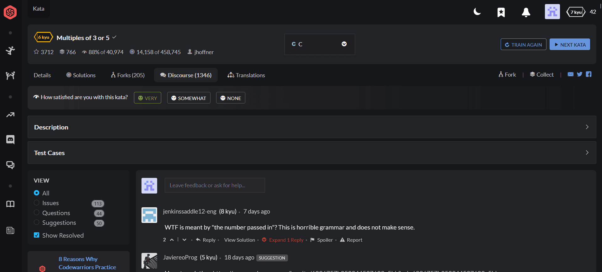 Image of CodeWars website, one of the references used in the FlowBuilder project