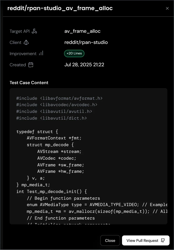Code SA interface showing generated test case for av_frame_alloc API including client name, improvement metrics and C code test content.