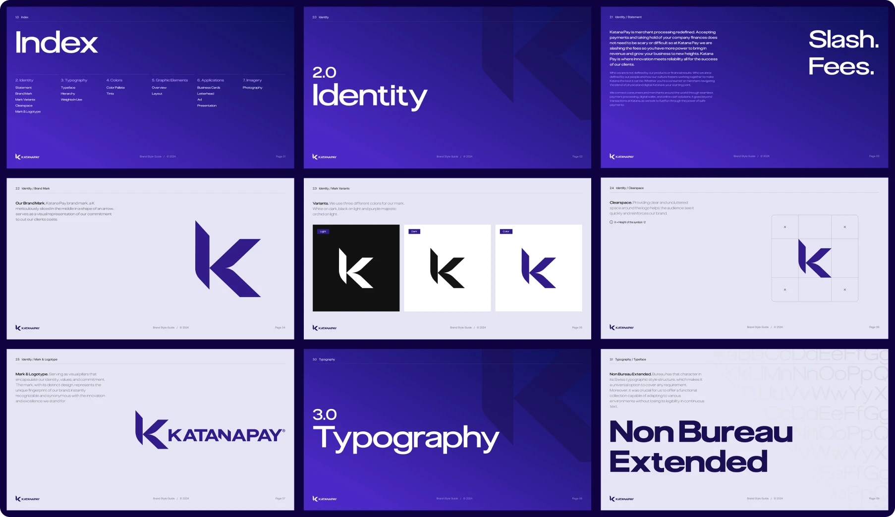 Nine-panel brand identity presentation in purple and white, featuring Katanapay’s K logo, typography studies, index, slash fees, and Non Bureau Extended.