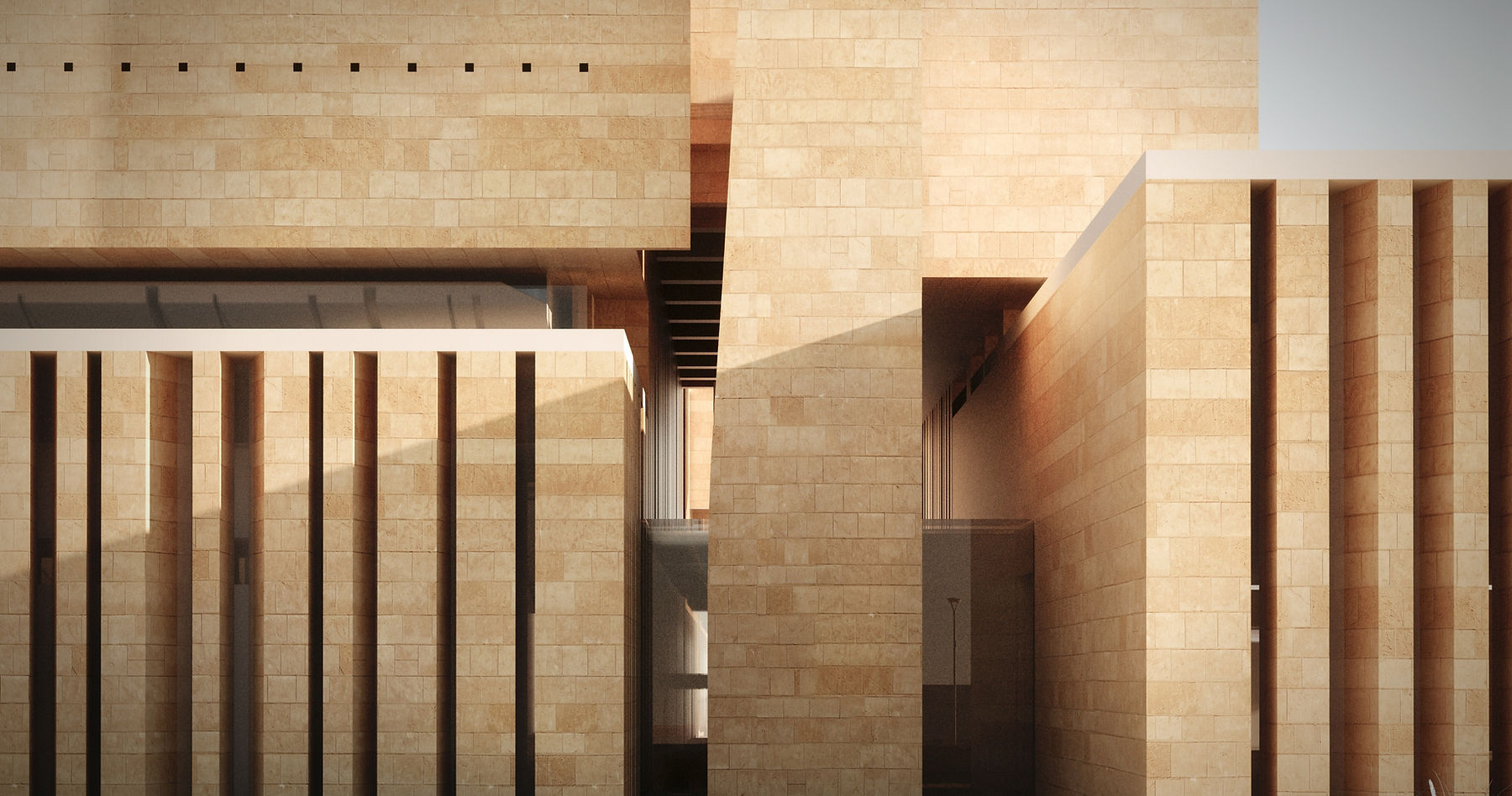 فاصيل معمارية لواجهة مبنى تبرز استخدام حجر الرياض الأصفر في تصميم الأعمدة والزوايا الهندسية الكلاسيكية.