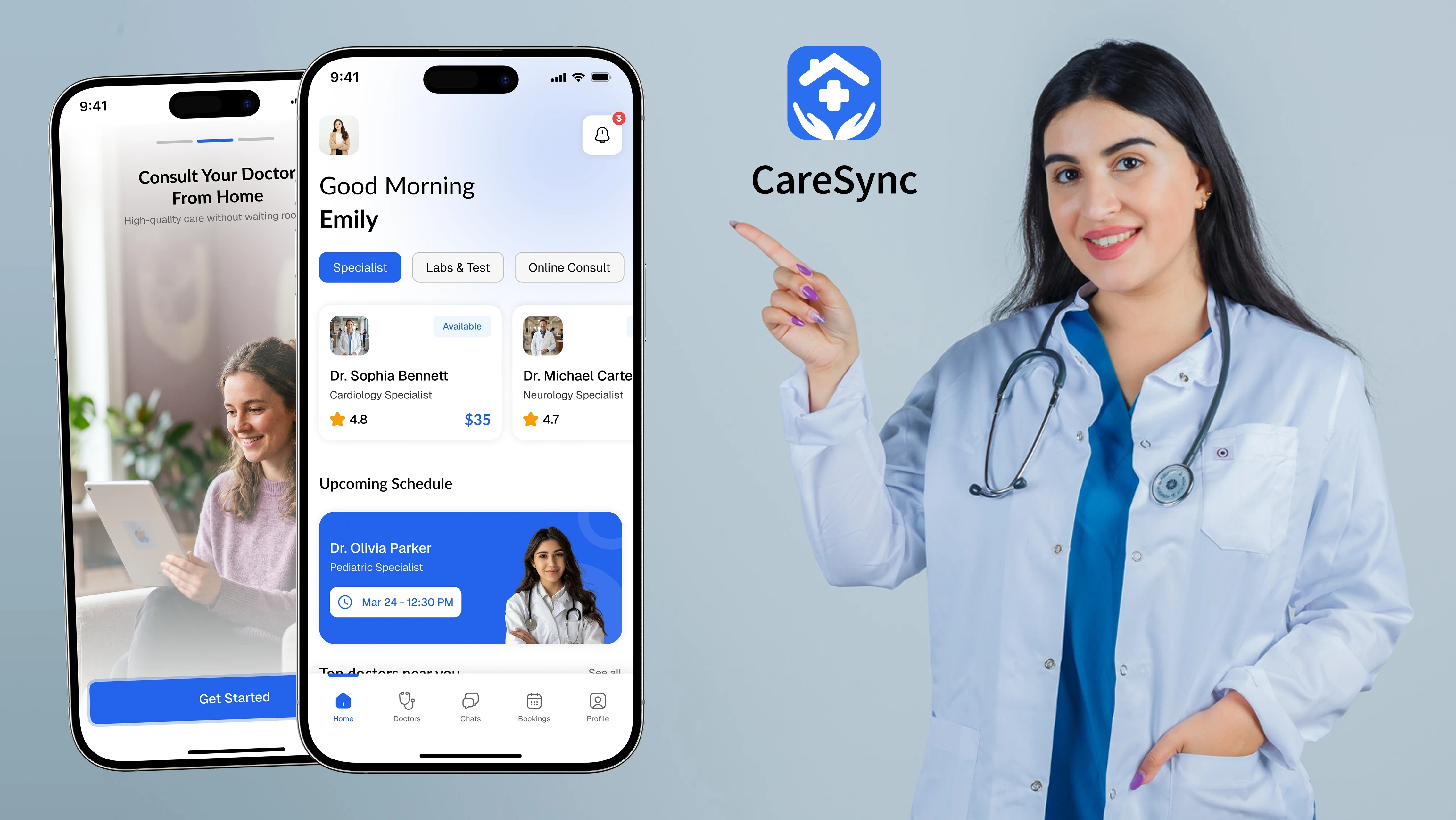 Two mobile screens displaying CareSync app home interface with doctor listings and appointment booking options.