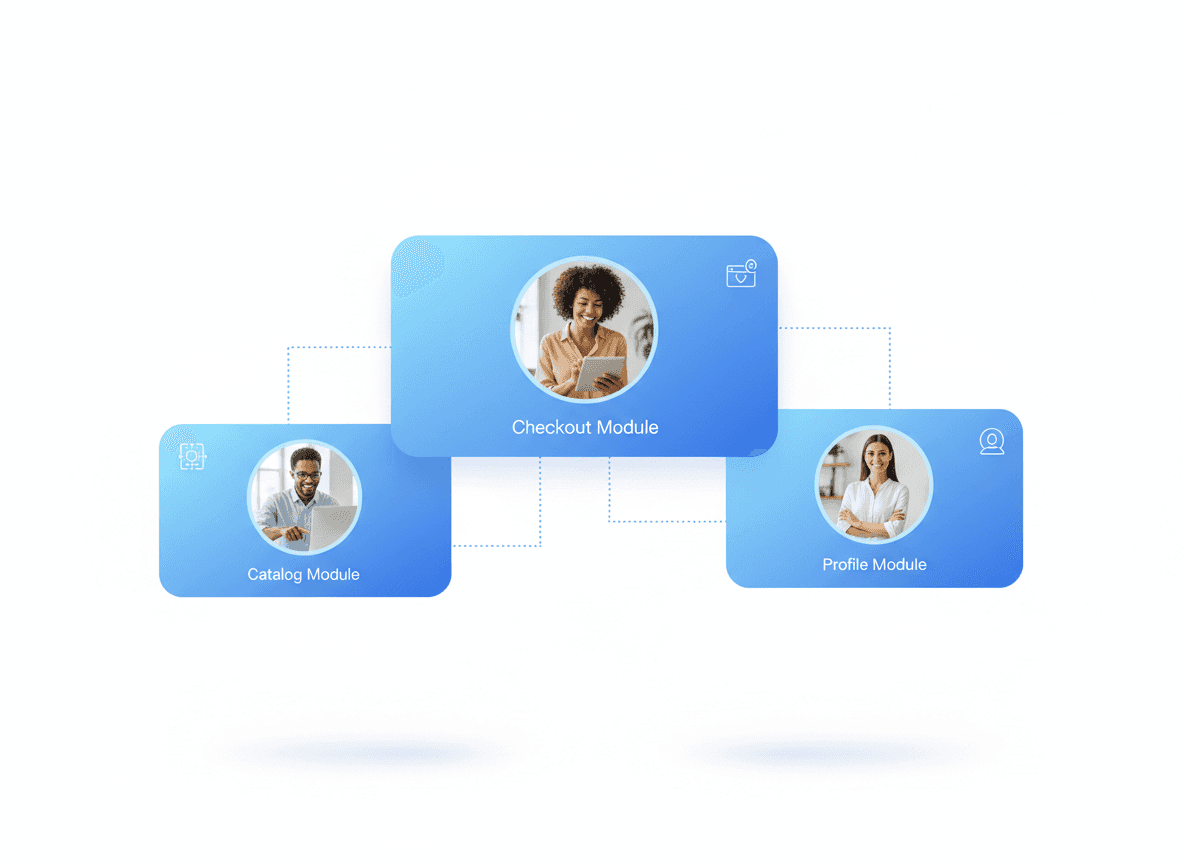 “Calendly-style visual of independent micro-frontend modules such as checkout, catalog, and profile, representing modular architecture and scalable frontend development.”