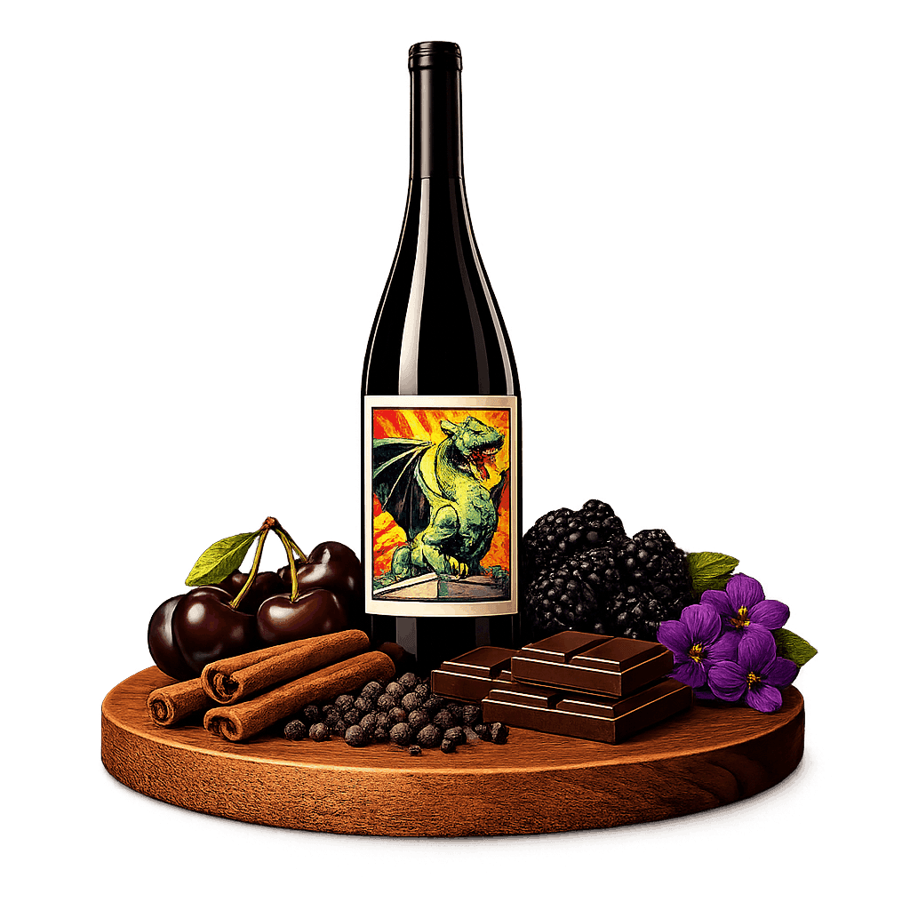 Artistic label and flavor profile for Slovenian Modra Frankinja on a rustic wooden table.