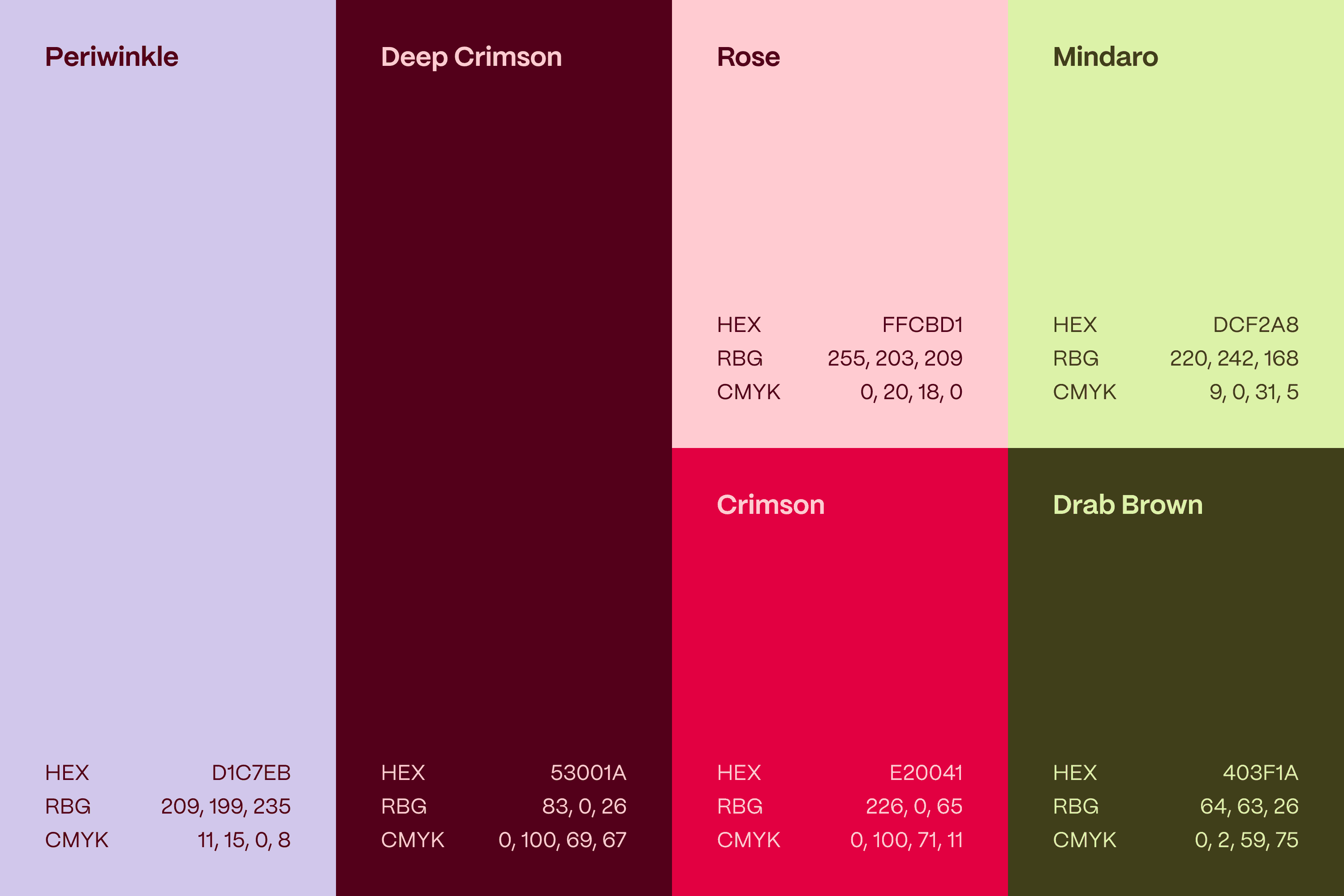 Brand colour palette with periwinkle, burgundy, rose, lime, crimson, and brown swatches