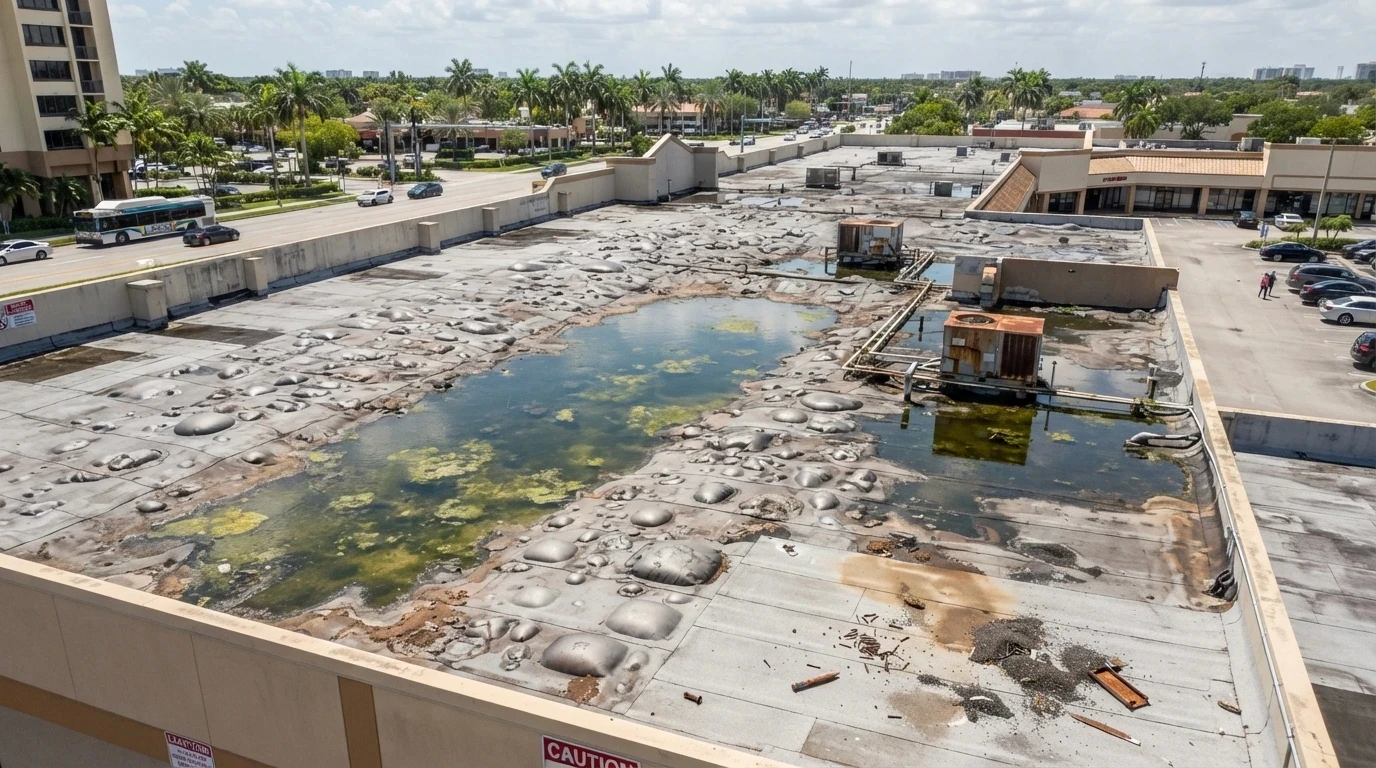 Ponding water and blistered modified bitumen on an ageing flat roof above an Oakland Park retail plaza