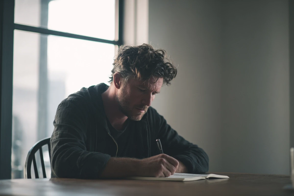 Man writing in journal at desk in quiet room
