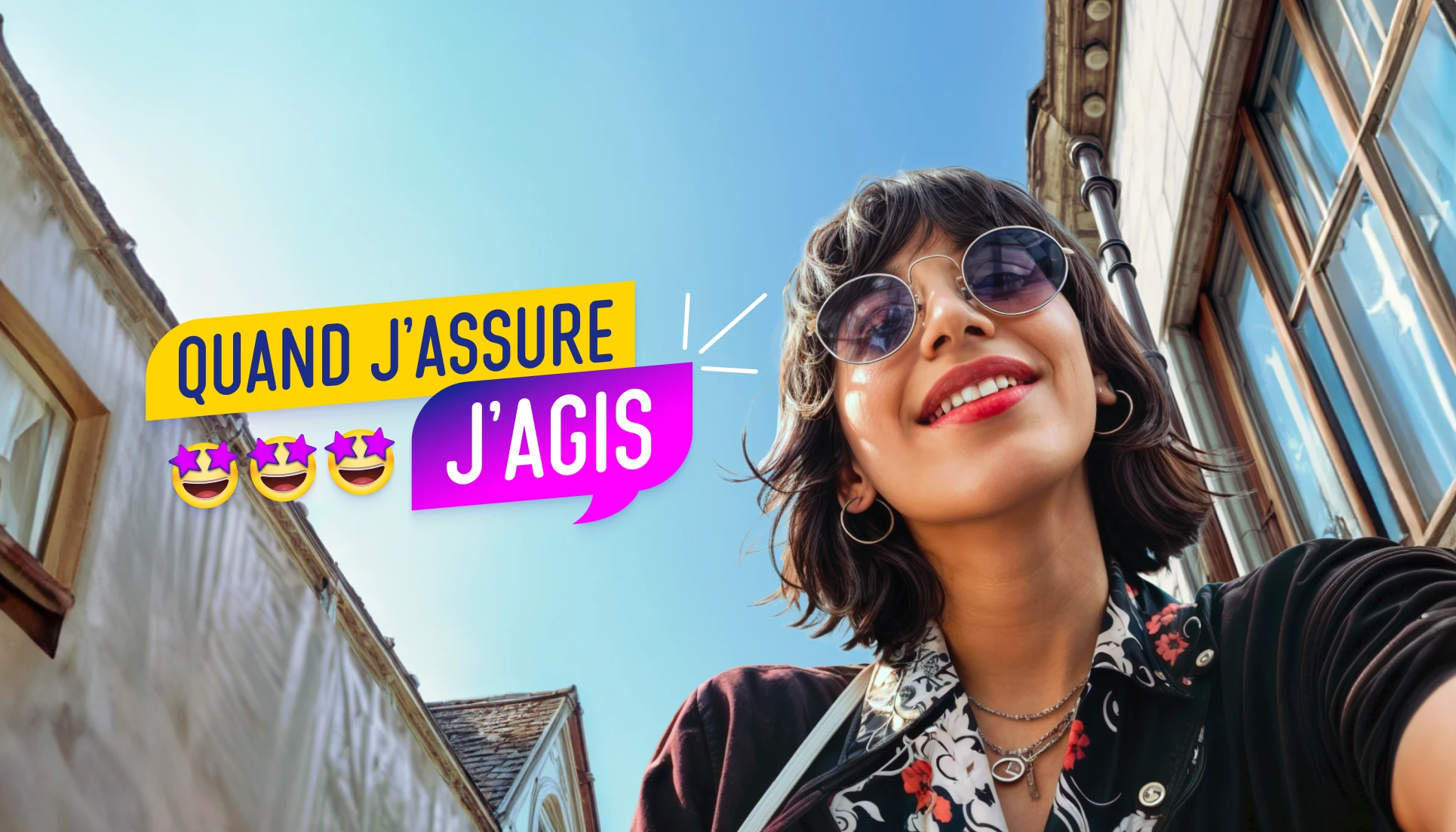 Visuel de campagne snack content pour la promotion des métiers de l'assurance mettant en avant l'engagement social et solidaire des collaborateurs avec le slogan « Quand j'assure, je suis là pour les autres, j'agis