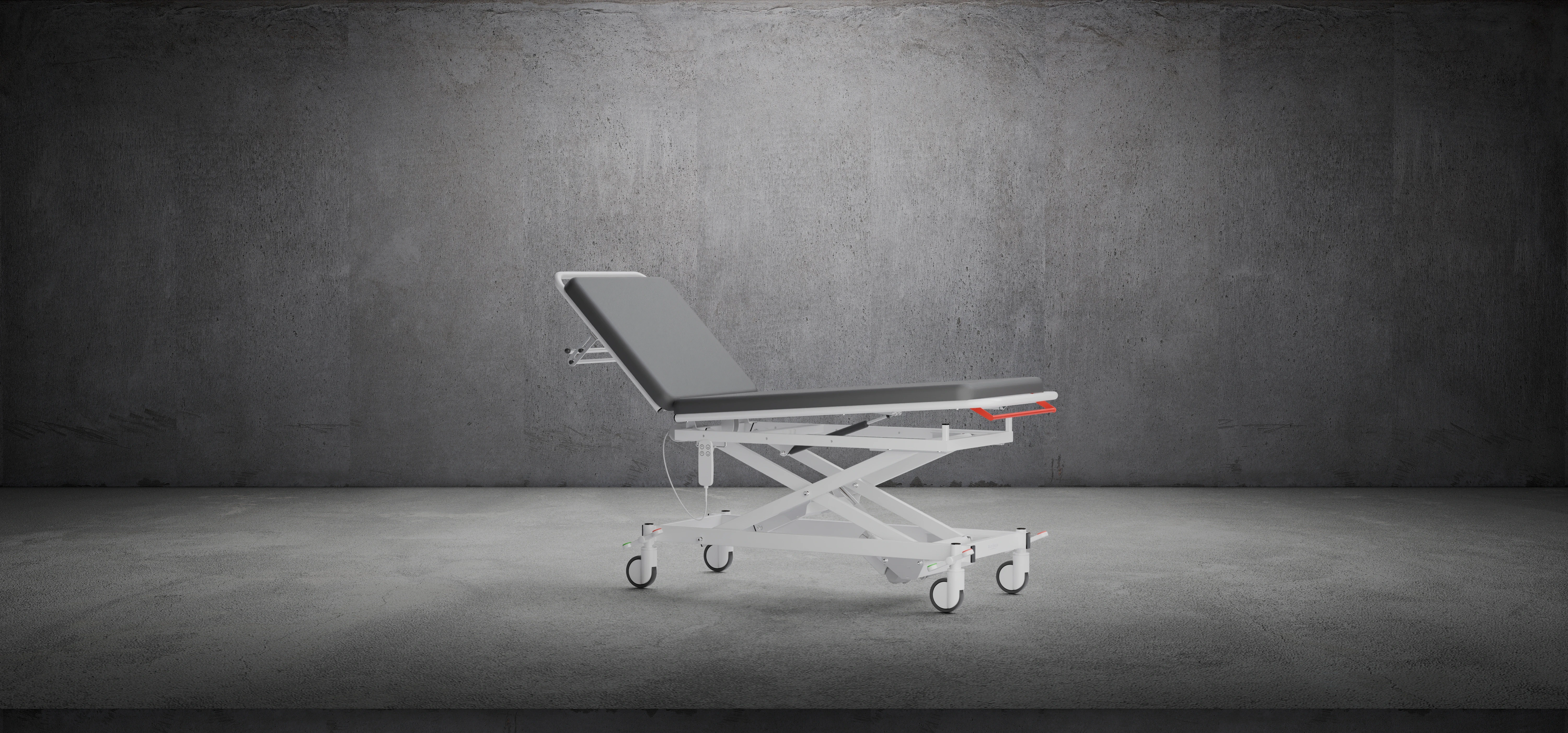 Fotorealistinė reguliuojamos ligoninės lovos 3D vizualizacija – techninis baldo modelis, sukurtas Renderiai.