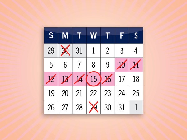 The image shows a calendar for Monday through Sunday. The date 15 is circled in red. The calendar grid is white with black text for the days of the week and numbered dates.