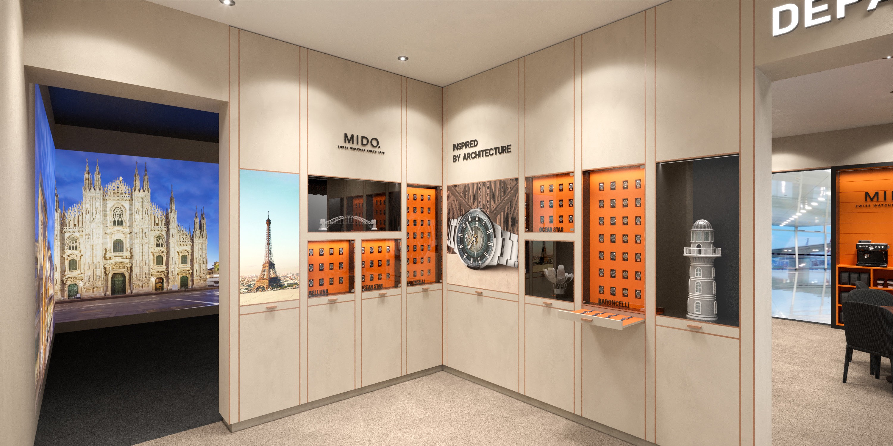 Backwall proposal display of MIDO watches Pop up design and exhibition retail concept for Switzerland market