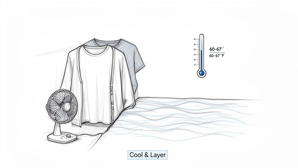 Illustration of a fan blowing air over a bed with clothes and a thermometer showing 60-67°F, labeled 'Cool & Layer'.