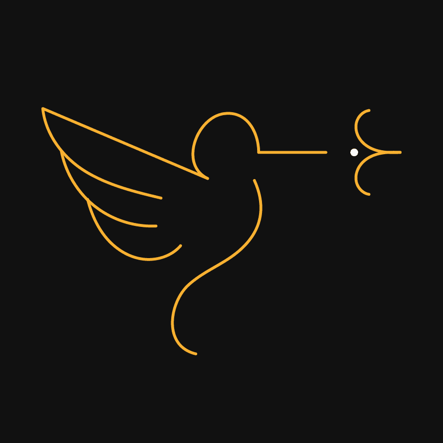Simple line art of a stylised hummingbird. yellow lines on a black background.